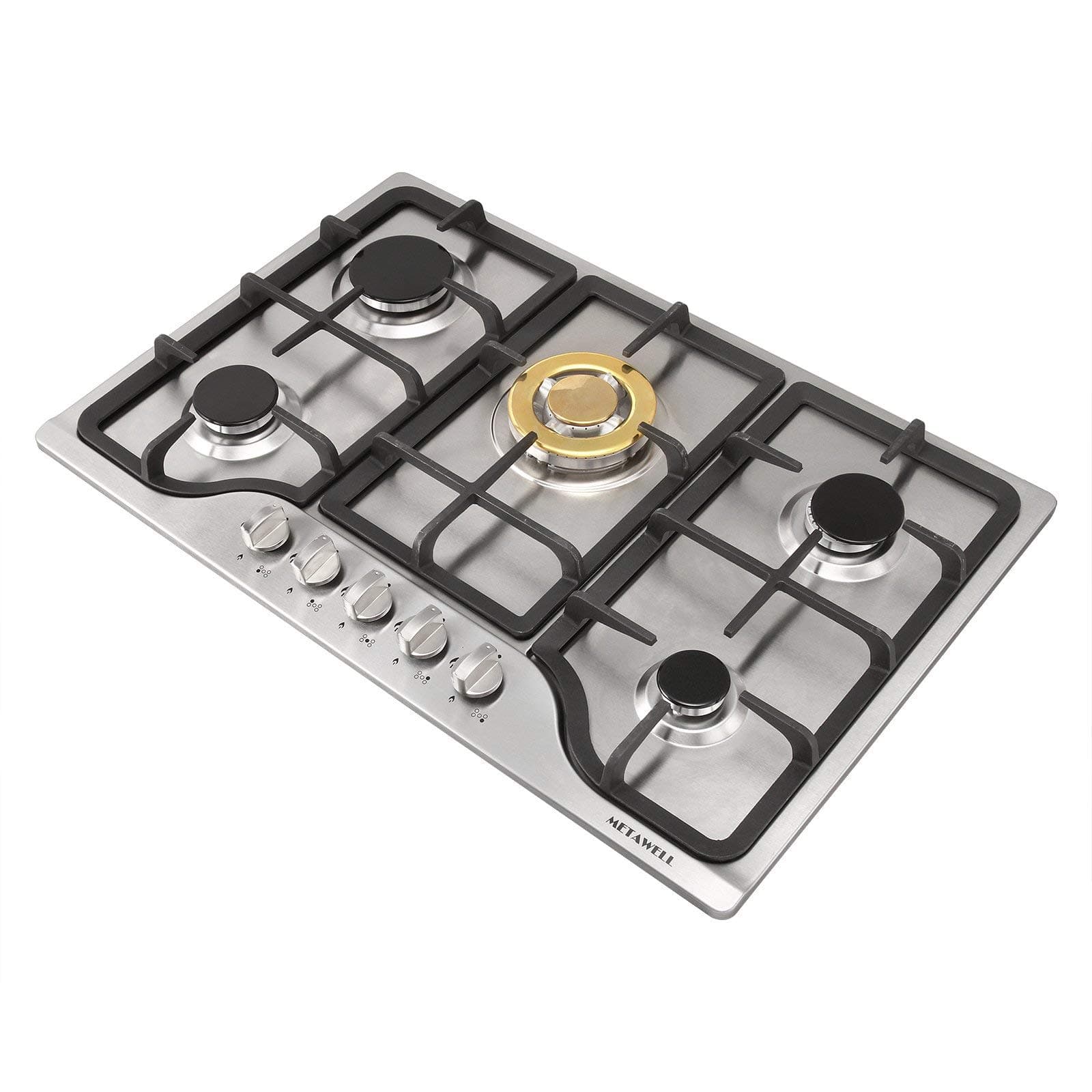 30 Inch Gas Cooktop 5 Burners Gas Stoves Gas Hob Stove Top 304 Stainless Steel Cooktop Cast Iron Grates Built-in Gas Stove Top LPG/NG Gas Cooktop Thermocouple Protection with Gold Central Circle Plate