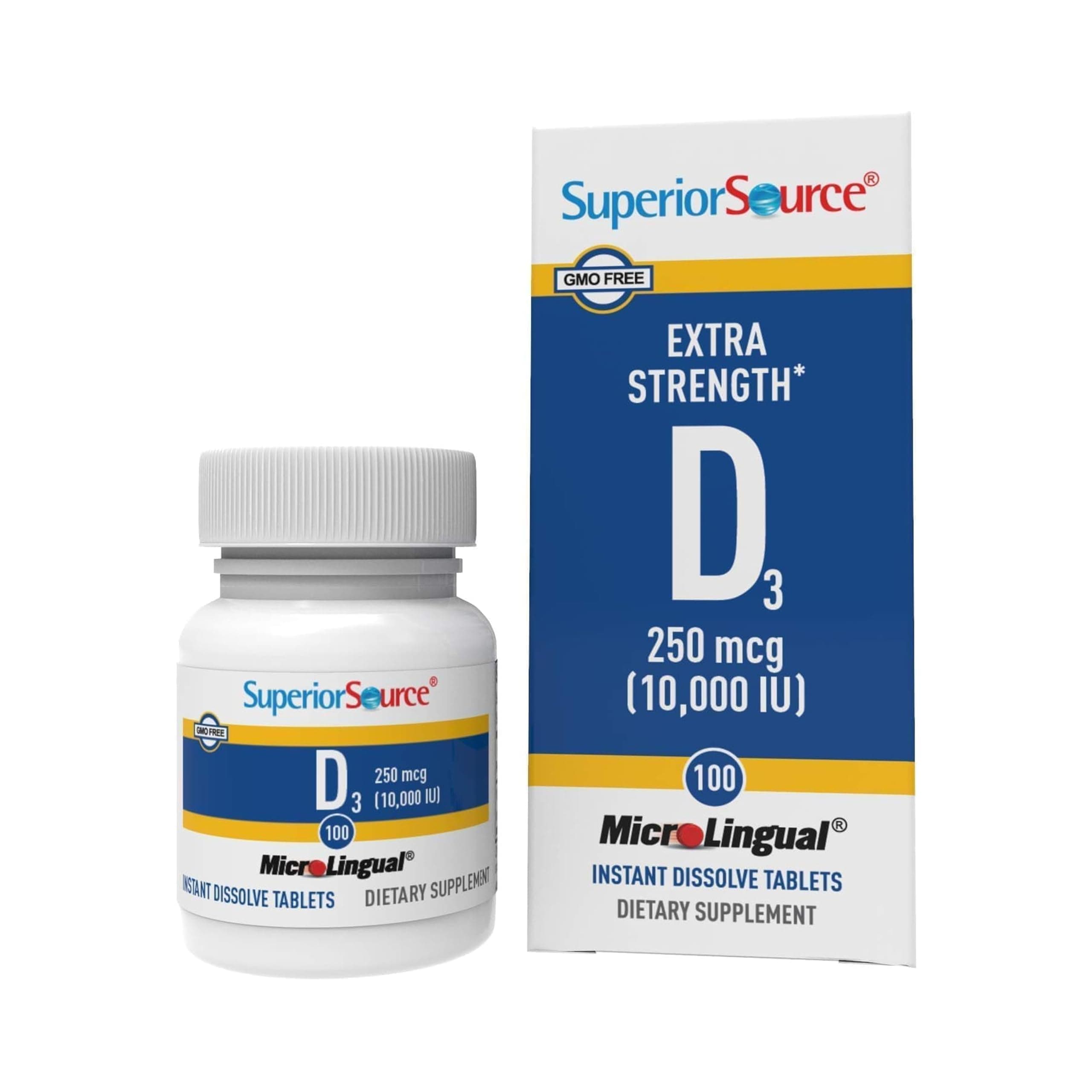 Superior Source Vitamin D3 10000 IU, Quick Dissolve MicroLingual Tablets, 100 Count, Helps Promote Strong Bones and Teeth, Immune Support, Helps Maintain Healthy Muscle Function, Non-GMO