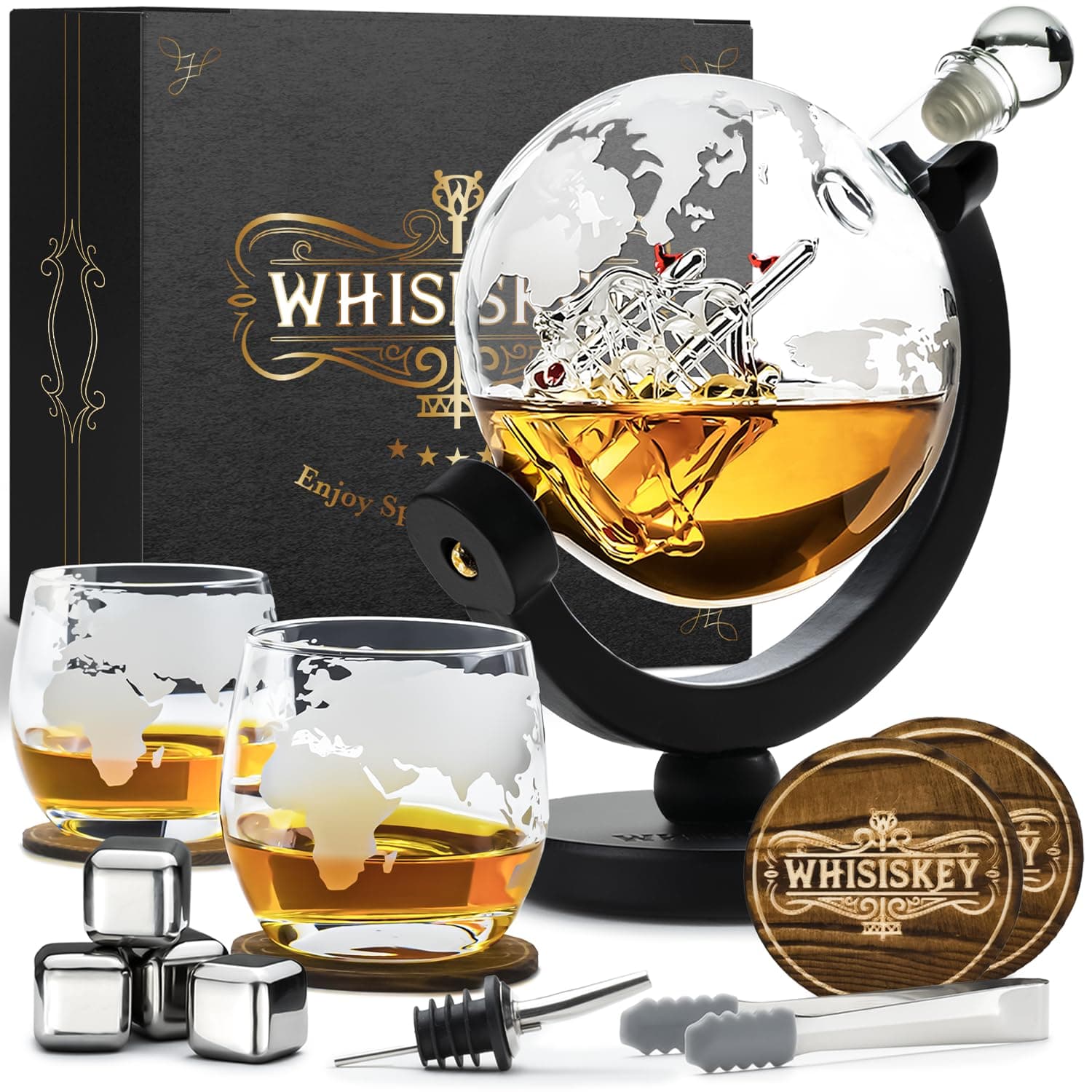 Whiskey Decanter Set - 900ML Globe Carafe - Whiskey Gift Sets for Men - Whisky Set - Glass Gifts for Men - Inc. 2 Whiskey Glasses, 4 Whiskey Stones, Accessories