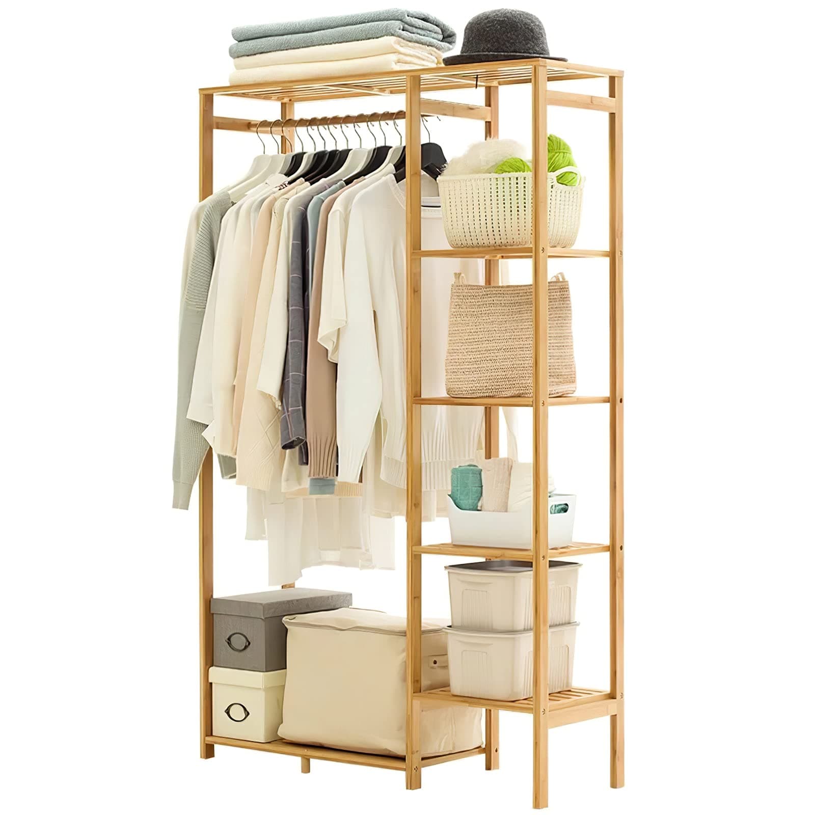 Bamboo Clothing Rack with 6 Tier Storage Shelf Multifunctional Garment Organizer Wardrobe Closet for Guest Room Kids Baby Bedroom Entryway