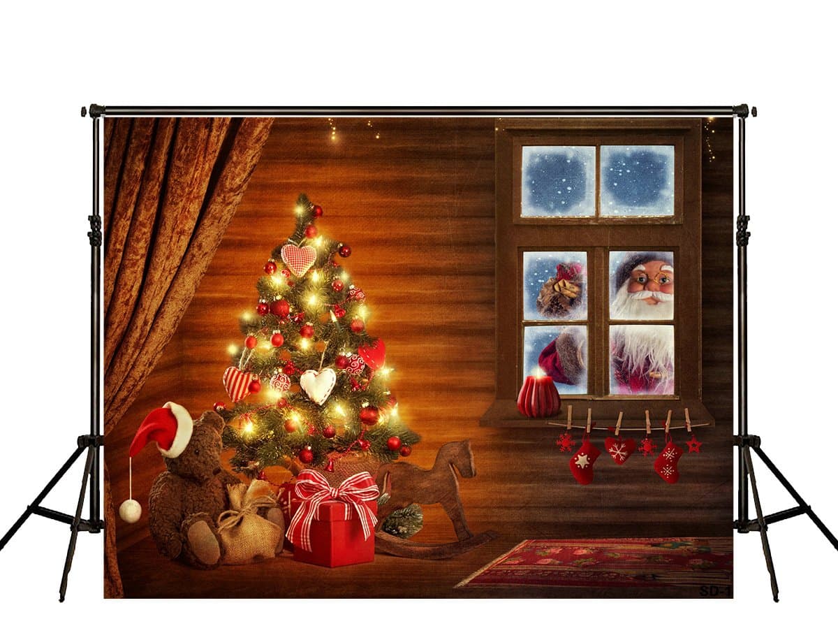 Kingsky 7x5ft(2.2x1.5m) Digital Backdrop Christmas Tree Wood Background Santa Claus Outside And Indoor Decorative Fireplaces for baby Christmas Photography Backdrops