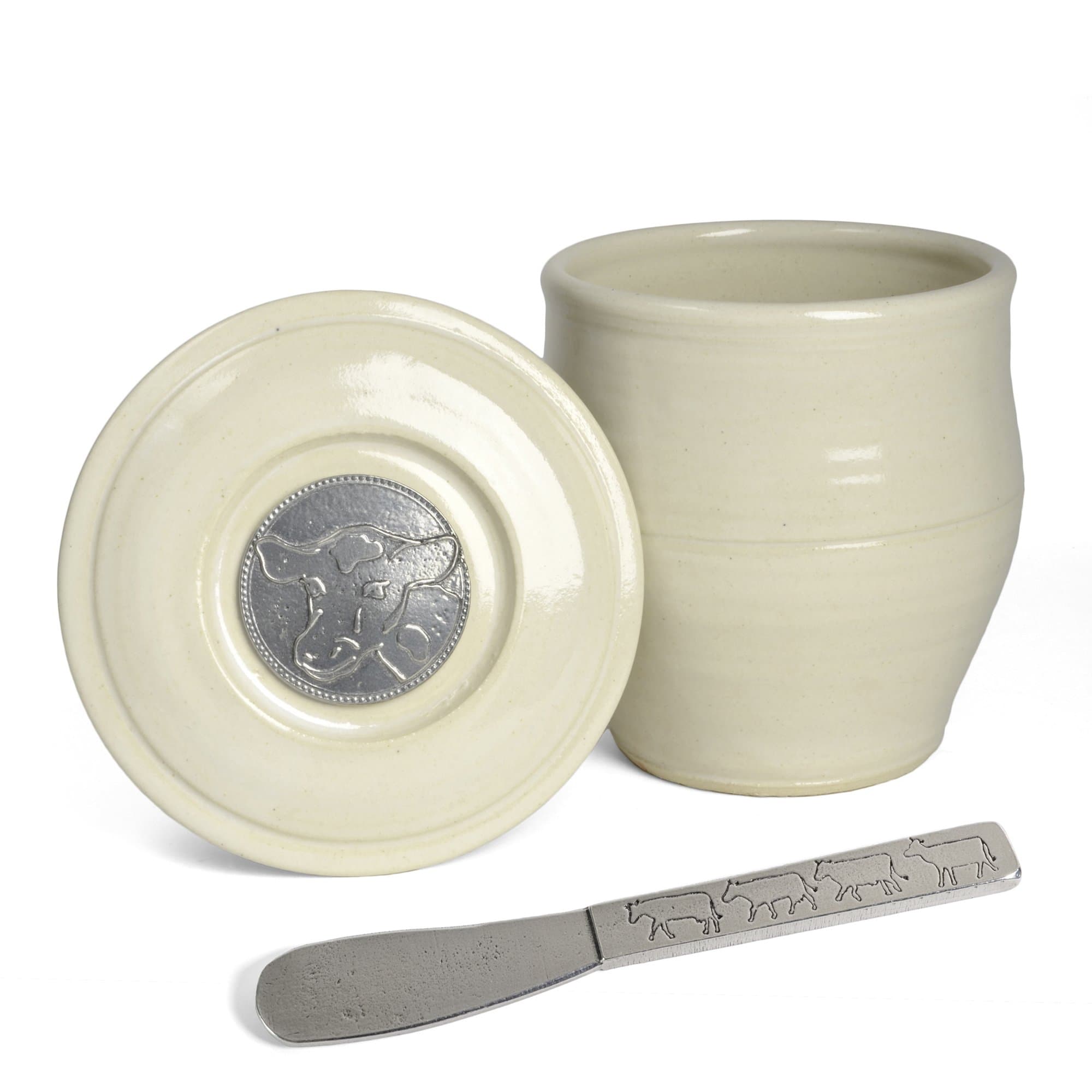 Oregon Stoneware Studio Cow French Butter Keeper with Pewter Spreader, Whipping Cream
