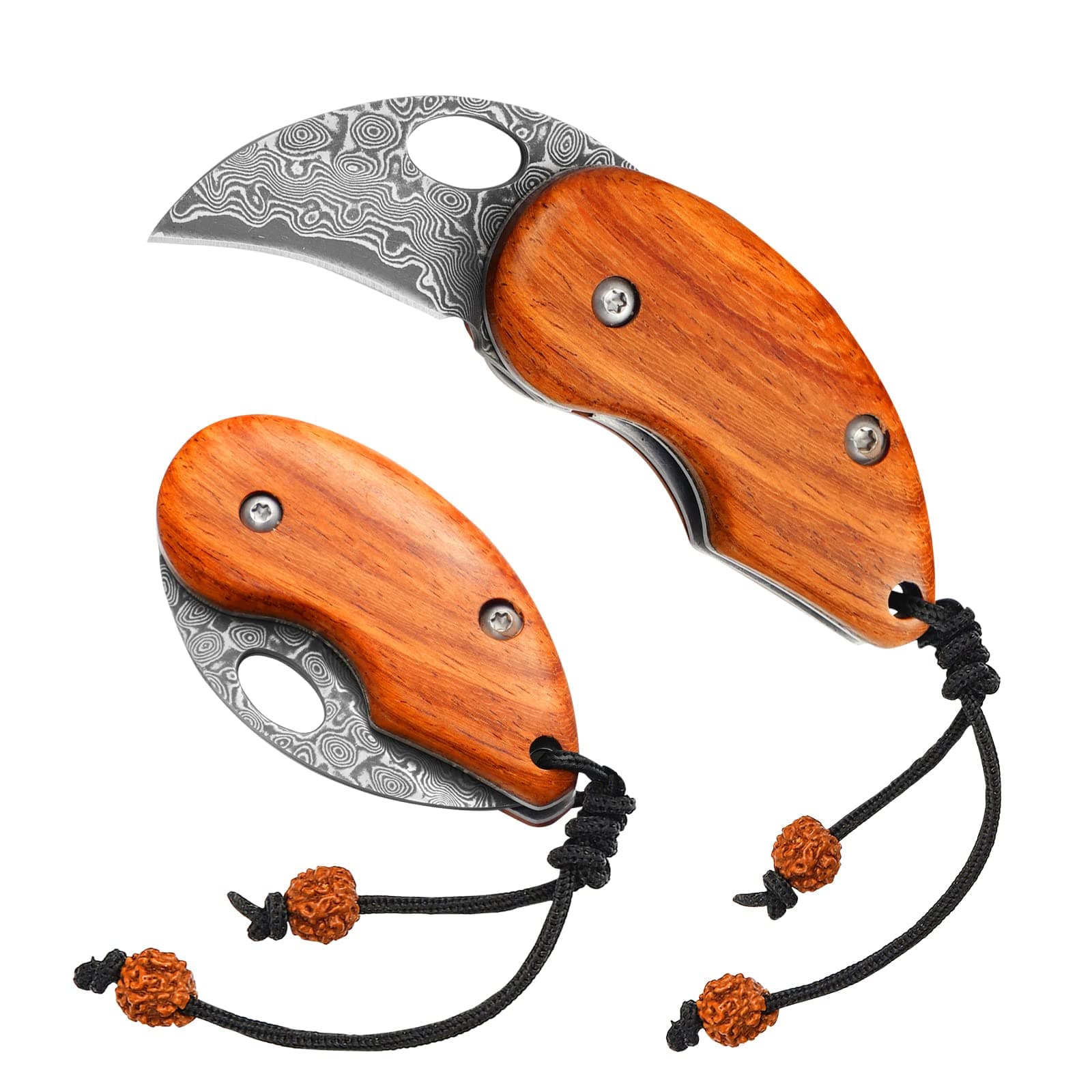 Damascus Pocket Knife, Small Folding Wood Handle EDC Knife, Blade Length: 2in