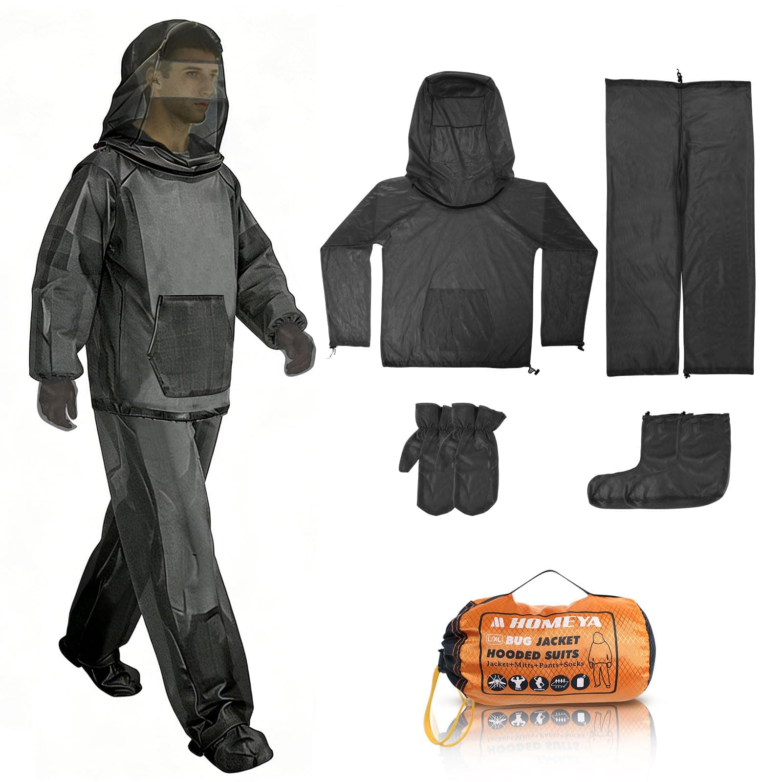 Bug Jacket L/XL, Anti Mosquito Netting Suit with Zipper on Hood Ultra-fine Mesh Pants Mitt Socks with Free Carry Pouch for Protecting Hunting Fishing Men Women