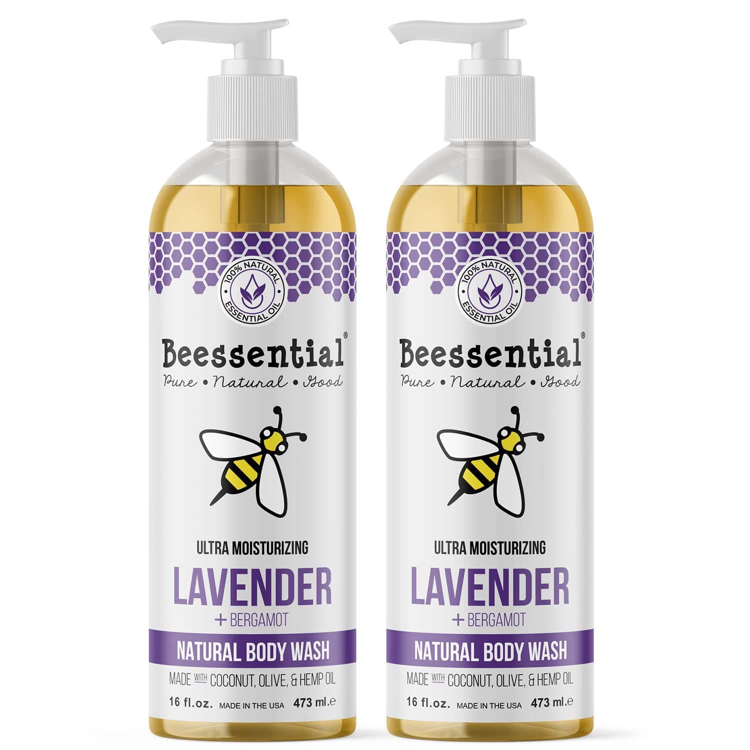 Beessential Natural Body Wash, Lavender, 2 Pack 16 oz | Sulfate-Free Bath and Shower Gel with Essential Oils for Men & Women