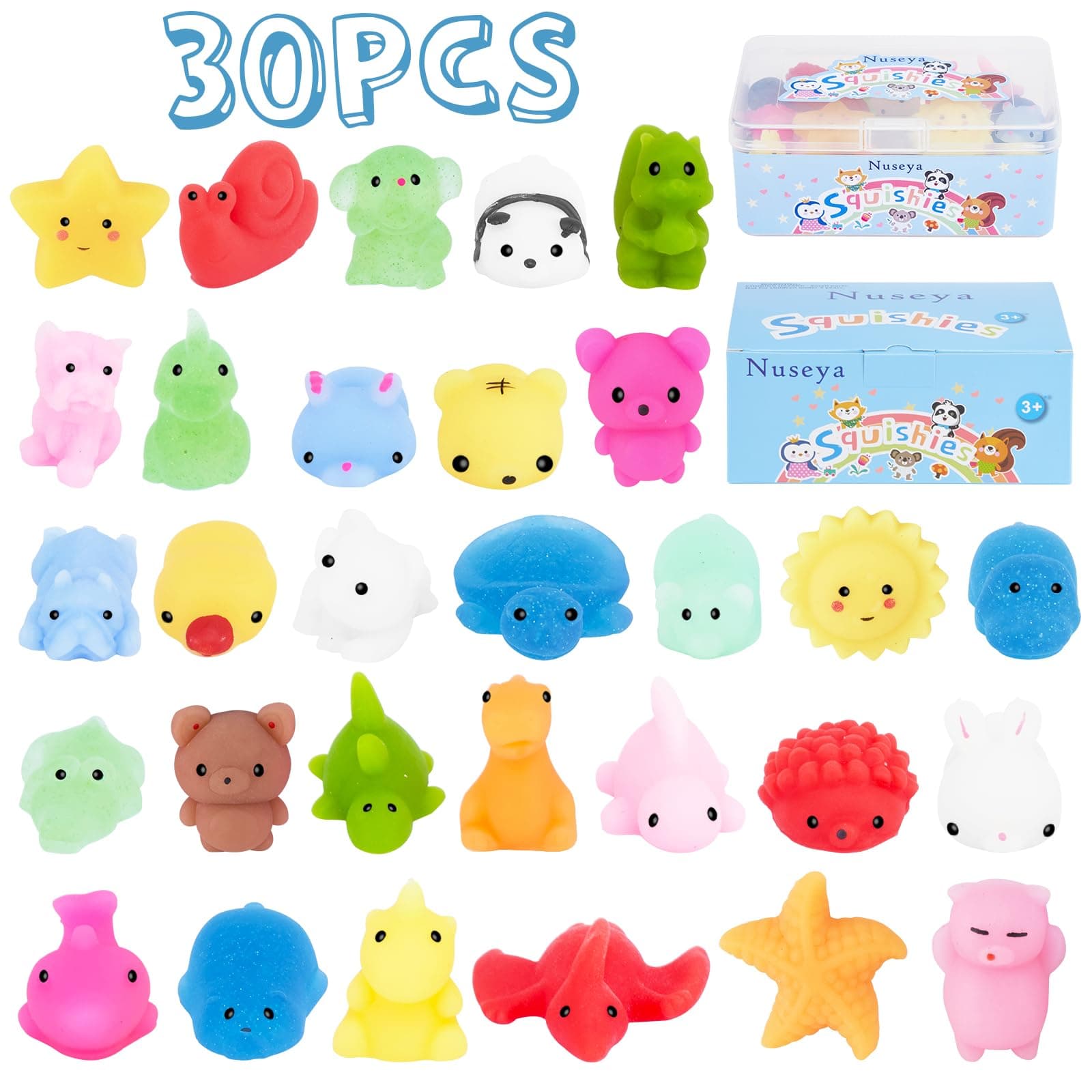 30pcs Mochi Squishy Toys No Duplicates Fidget Toys Gift for Kids Girl Boy Party Favor Kawaii Squishies Mini Sensory Stress Relief Toys Birthday Gift Classroom Prizes Goodie Bag Stuffers