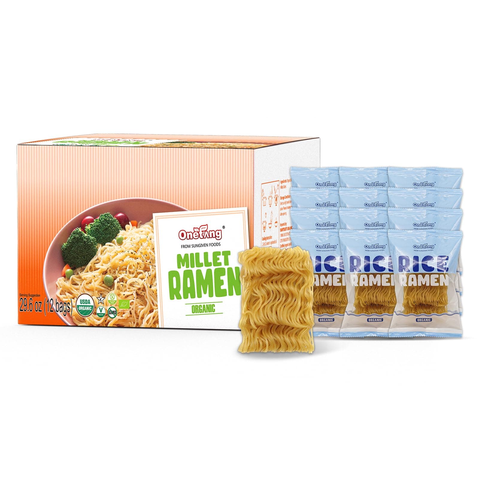 Organic Millet & Brown Rice Ramen Noodle, Gluten-Free Pasta, No Sodium Ramen, Whole Grain, Non-GMO, Kosher, Vegan 2.47 Oz (Pack Of 12)