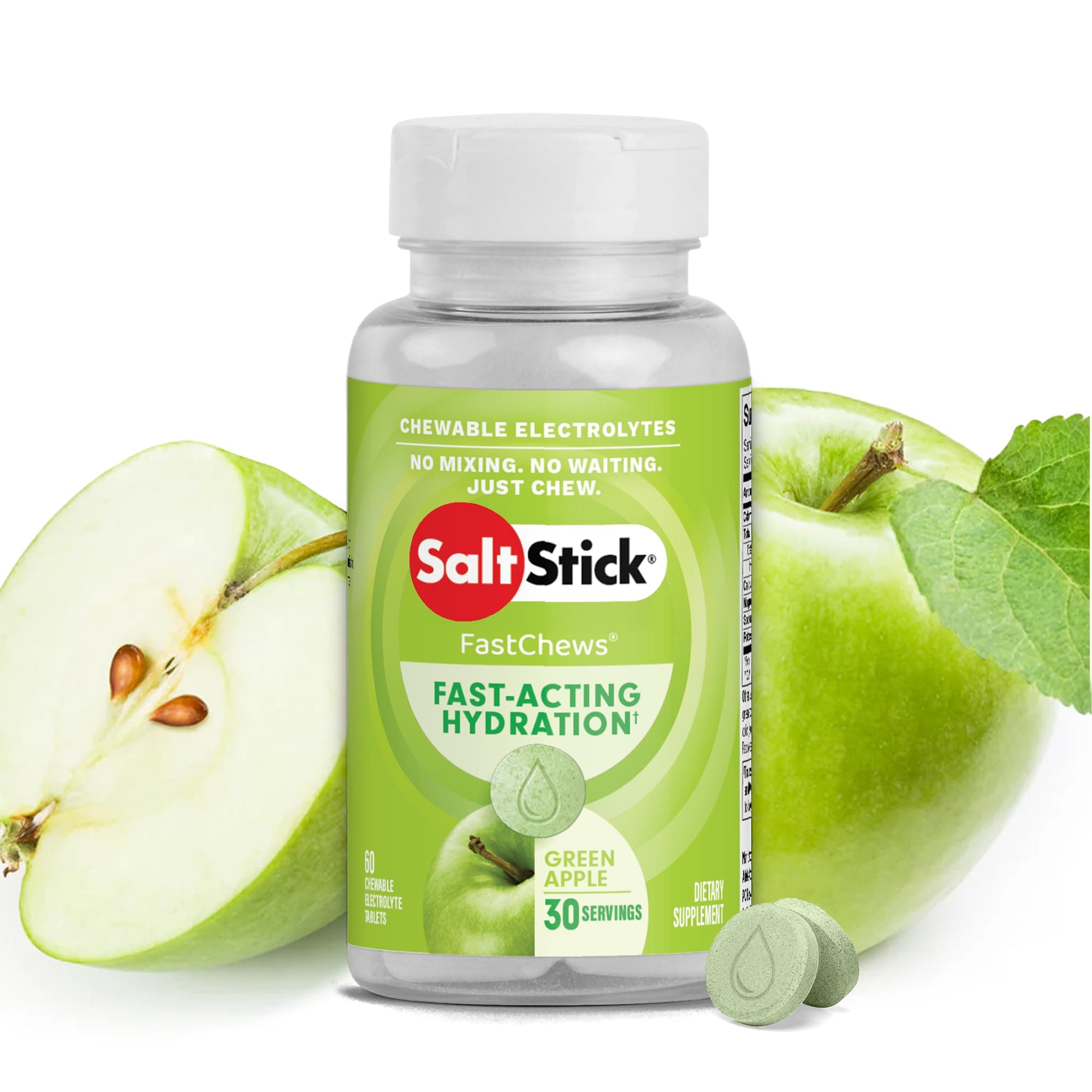SaltStick Electrolyte FastChews - 60 Green Apple Chewable Tablets - Salt Tablets for Running and Hydration, Electrolyte Chews - 60 Count