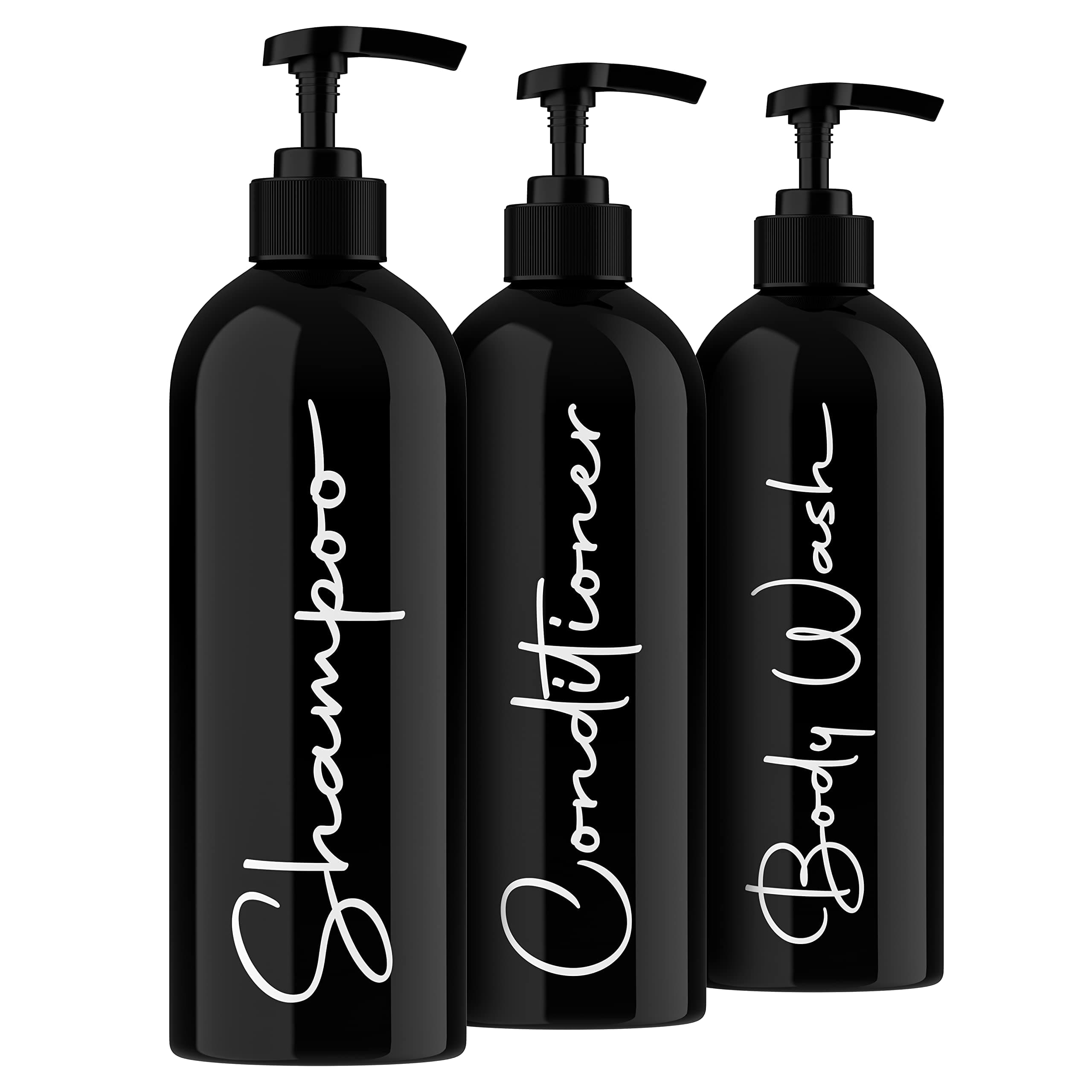 Alora 16oz Reusable Shampoo and Conditioner Bottles - Set of 3 - Black - Easy to Read Labels - Pump Bottle Dispenser for Shampoo, Conditioner, Body Wash - Empty Plastic Refillable Containers