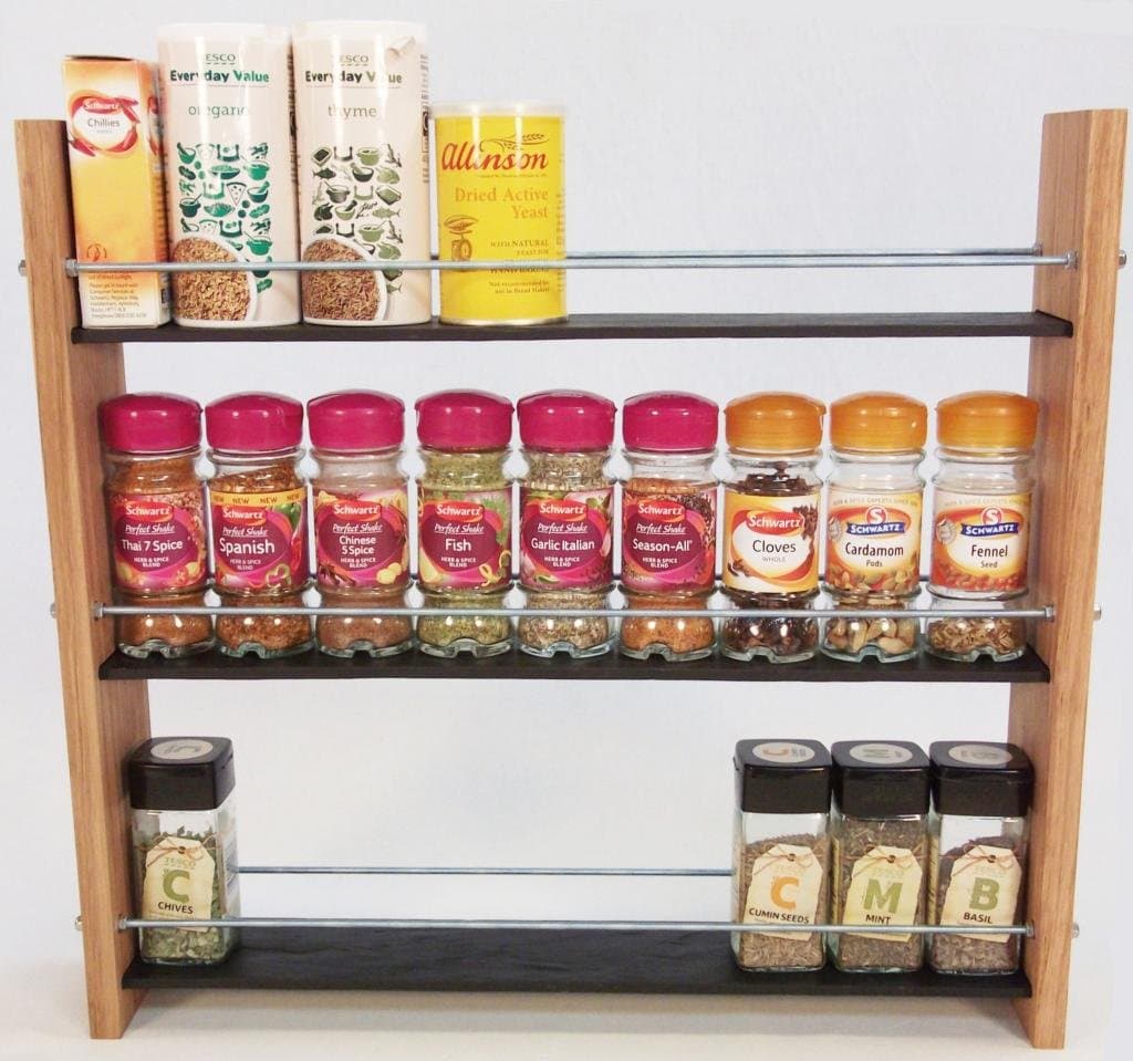 Oak Slate DesignSpice/Herb Rack ..3 Tier, 27 Jar - Modern Contemporary Style - Deep Shelves for Larger Spice Jars, Boxes, Kilner Jars