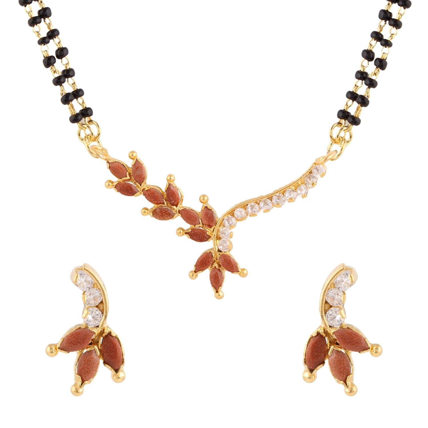 Efulgenz Gold Tone Indian Bollywood Ethnic American Diamond Brown Traditional Mangalsutra Pendant with Chain and Earrings for Women