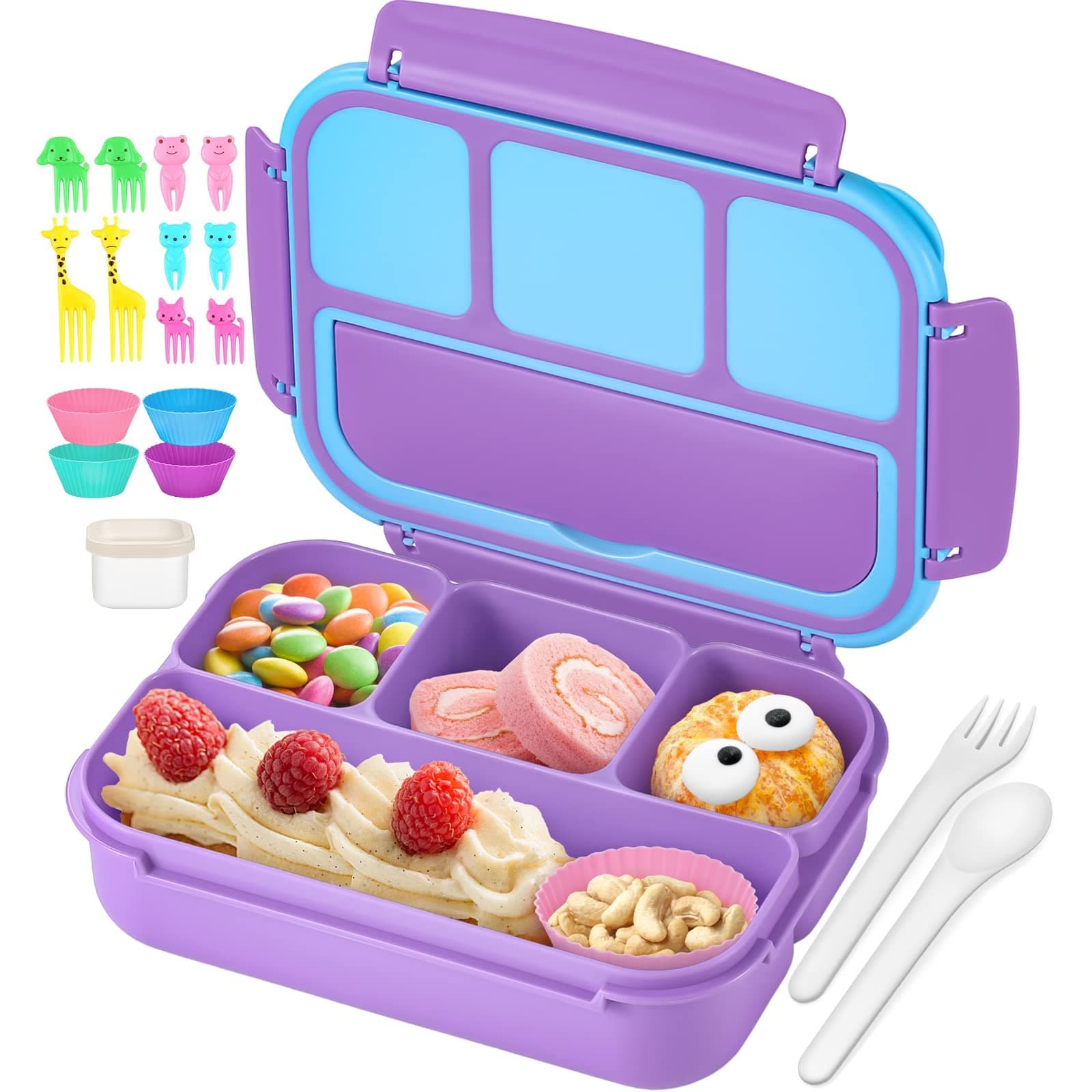 QQKO Bento Lunch Box for Kids Girls Boys, Toddler Kids Lunch Boxes for School, Lunch Containers for Adults with 4 Compartments, Sauce Container, Utensils, Food Picks and Muffin Cups, Purple