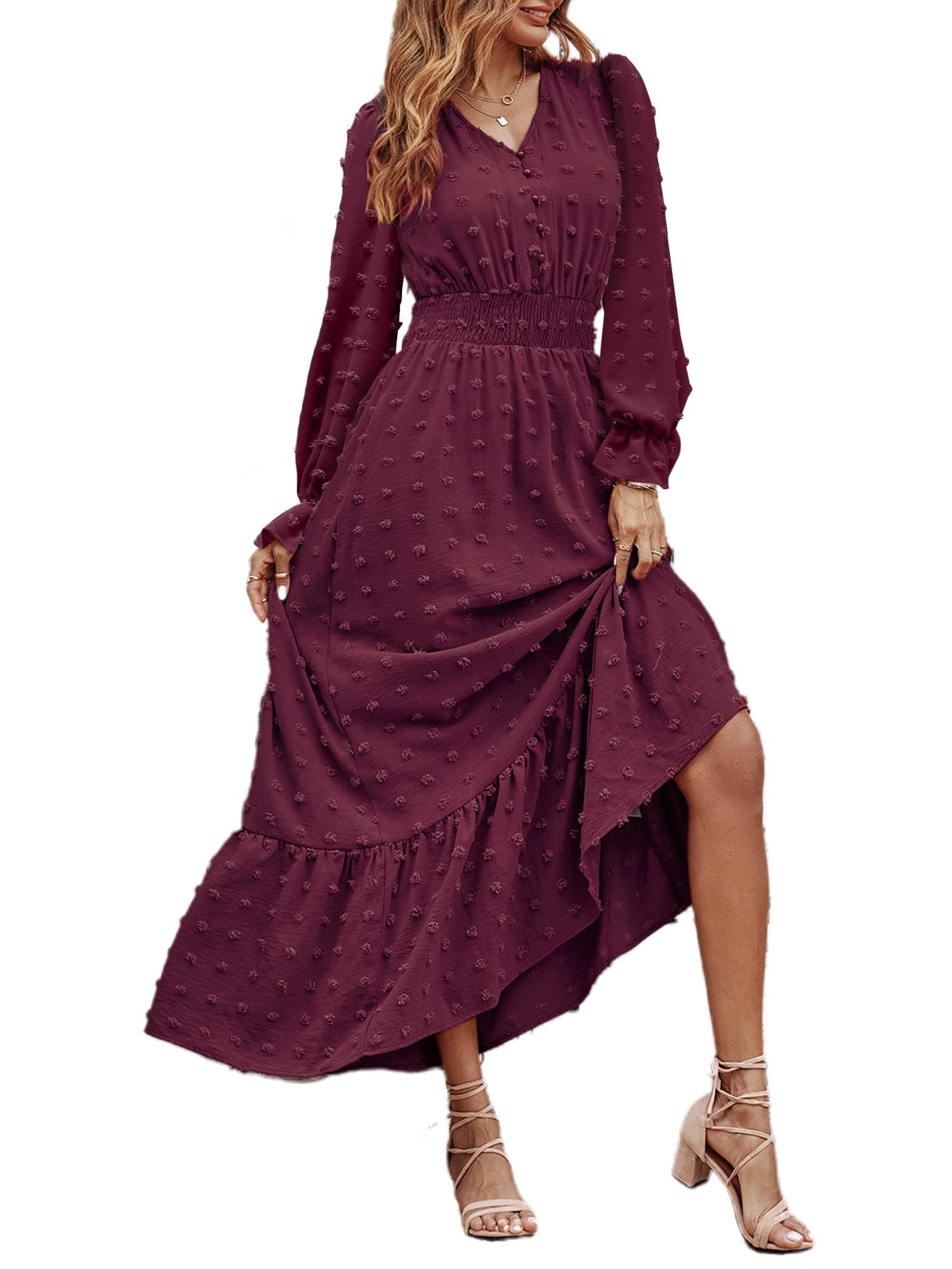 MASCOMODAWomen Maxi Dress 2025 Fall Long Sleeve V Neck Swiss Dot Boho Smocked High Waisted A-Line Tiered Flowy Long Dresses