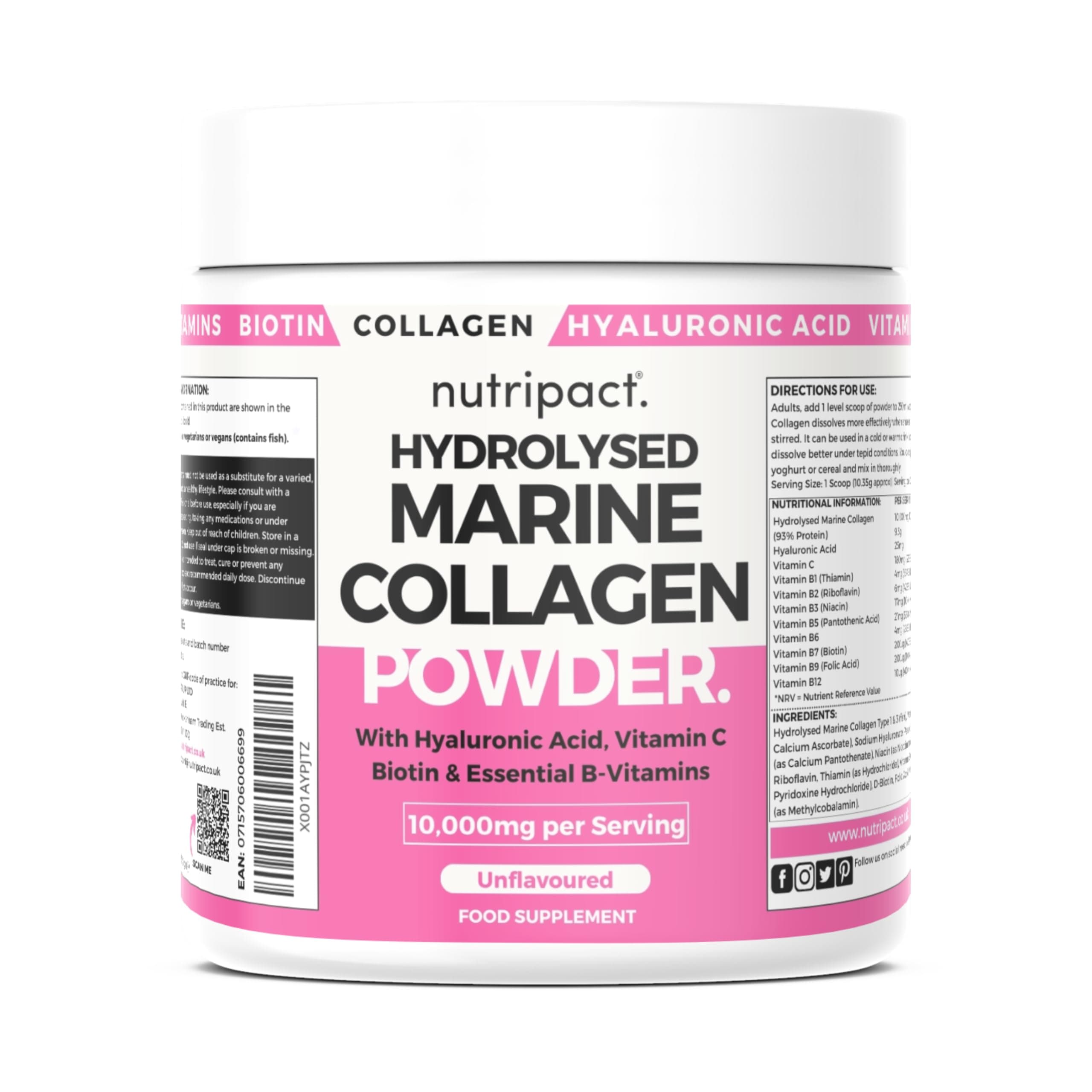 Marine Collagen Powder with Hyaluronic Acid, Biotin, Vitamin C & B Vitamins 10,000mg Hydrolysed Collagen Peptides Types 1 & 3, Unflavoured, Odourless, Highly Bioavailable – 30 Servings, 300g