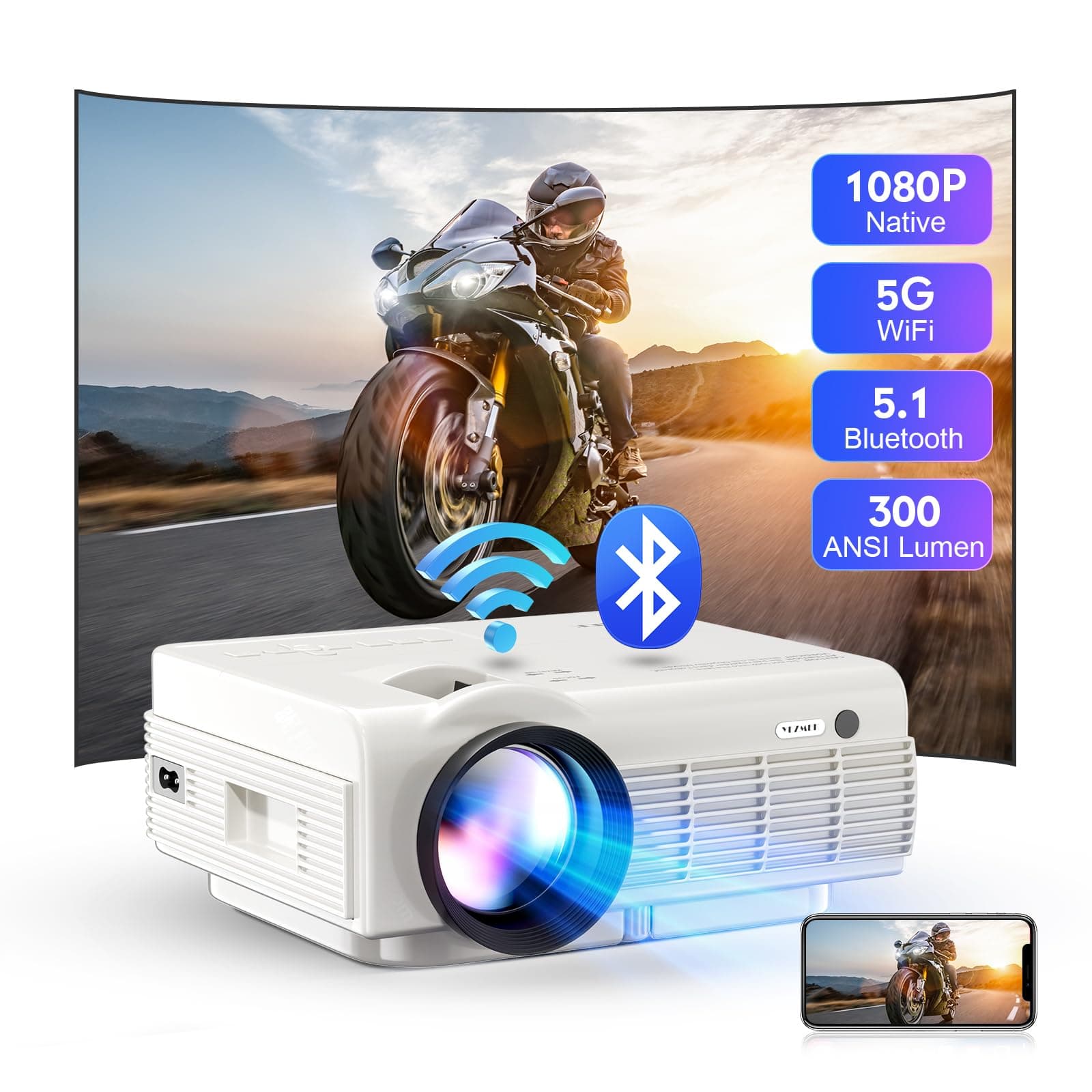 Native 1080P 15000 Lumen Full HD Projector - 5G WiFi and Bluetooth, Mini Portable Outdoor Projector Supporting 4K, Ideal for TV Stick, Smartphone, Tablet, Laptop - HDMI, USB, AV