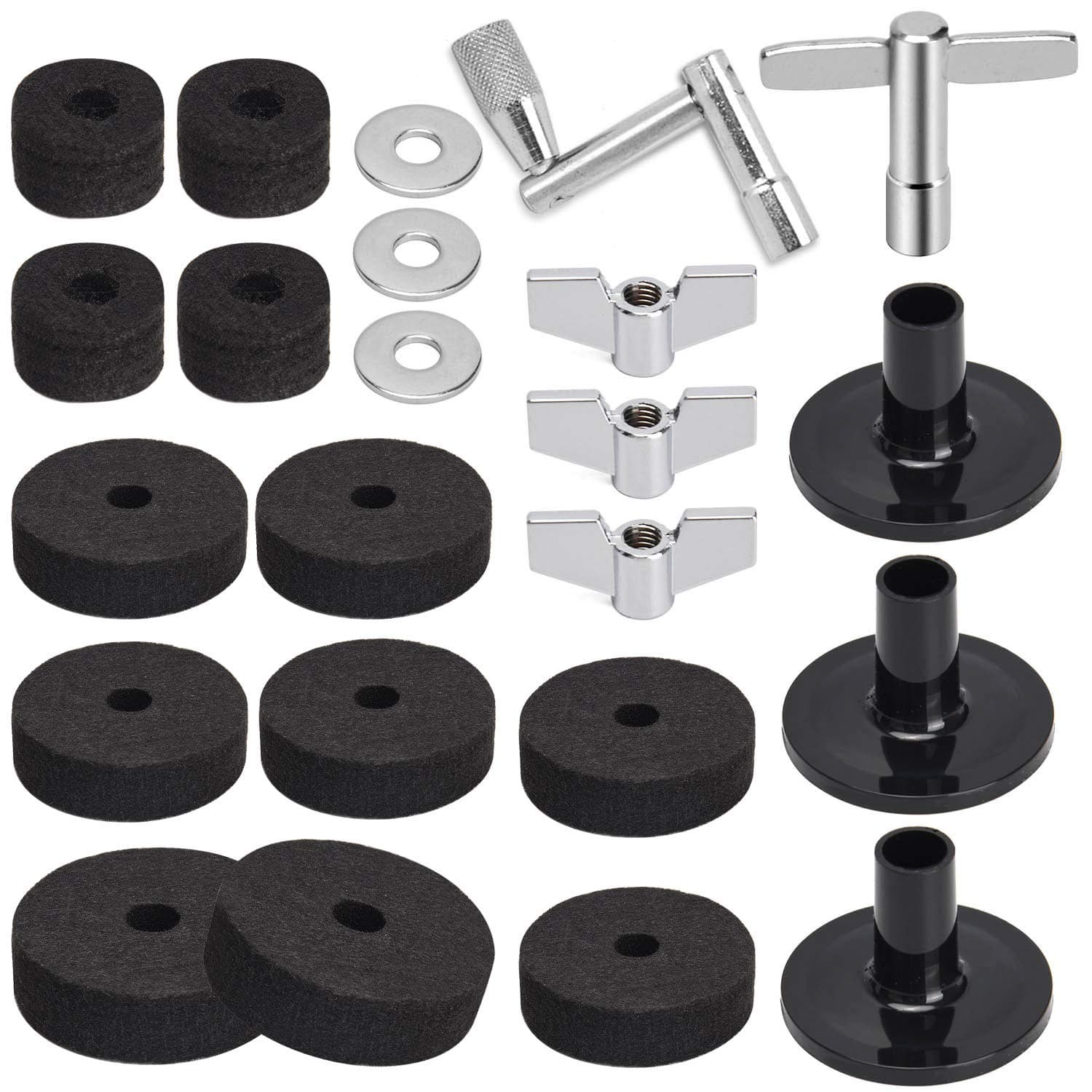– 23PCS Cymbal Replacement Accessories, Cymbal Stand Felts, Drum Felt Pads Include Wing Nuts, Washers, Sleeves & Drum Key Accessory Set - Black