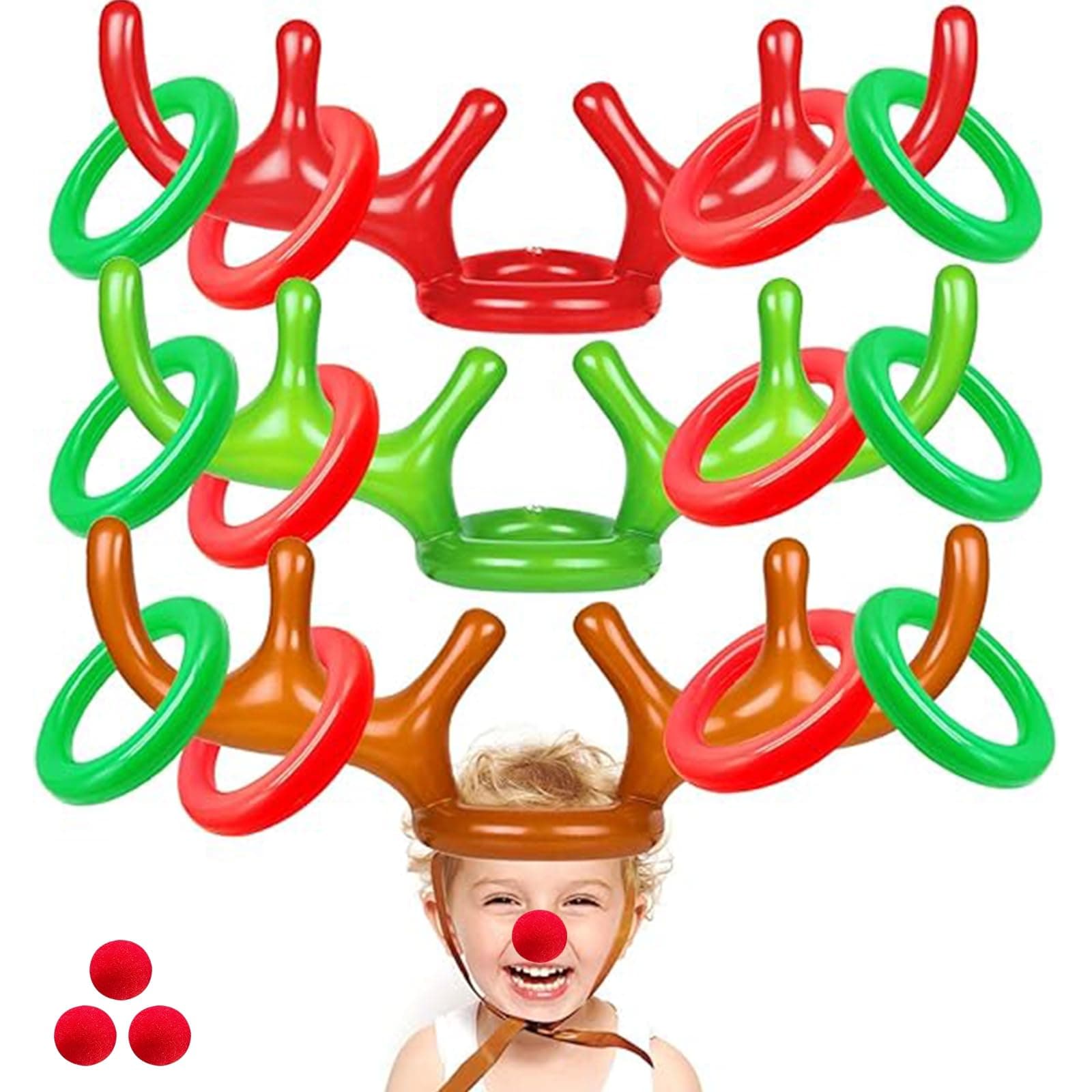18 Pcs 3 Set Inflatable Reindeer Antler Ring Toss Christmas Party Games Kids Family Toys Stock Stuffer Christmas Activities Decorations Carnival Supplies Gifts Grandkids- 3 Antlers 12 Rings 3 Red Nose