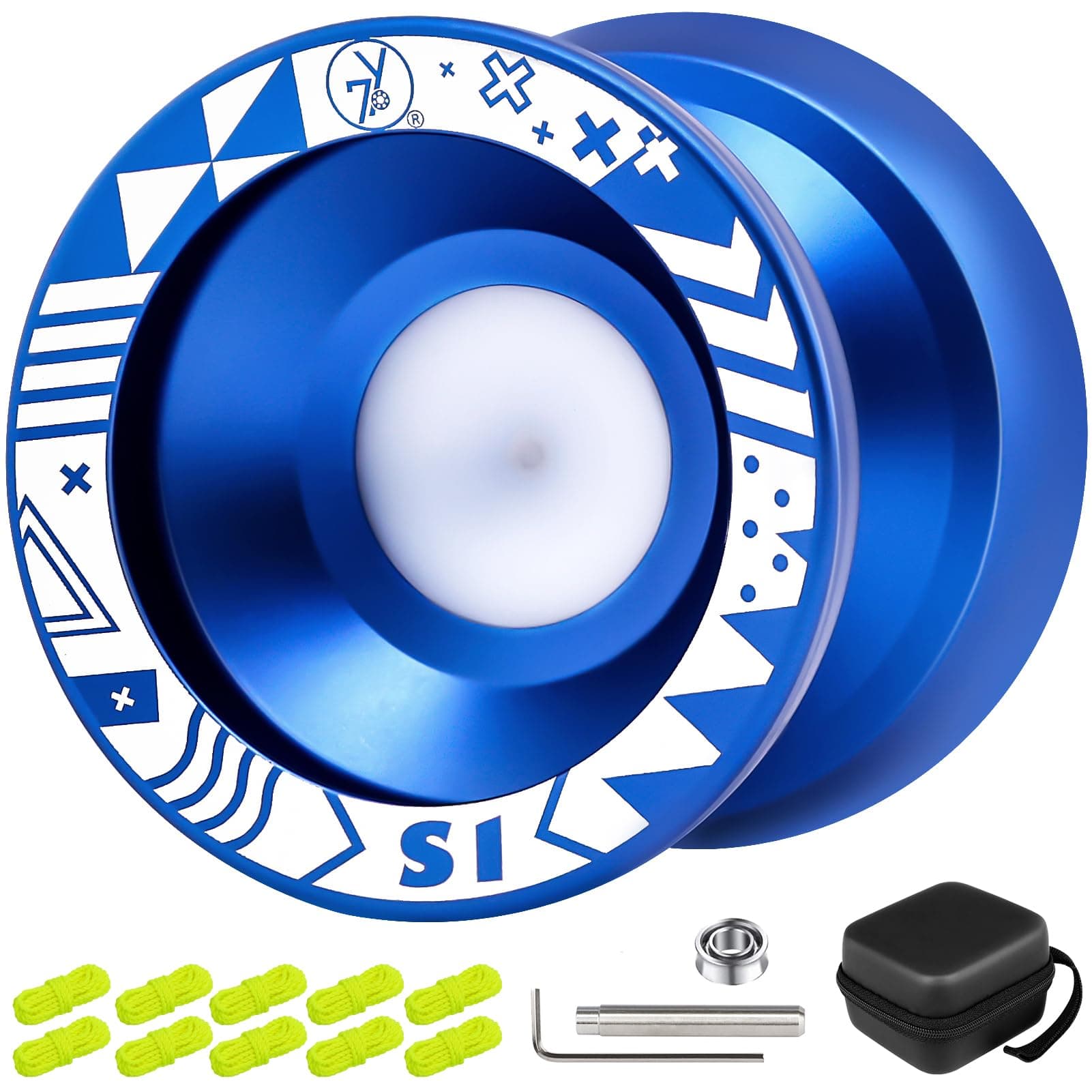 7YOFingerspin Yoyo Professional Alloy Metal YoYo with Unresponsive Bearing, Bearing Tools, 10 Strings, Case (S1 Blue)