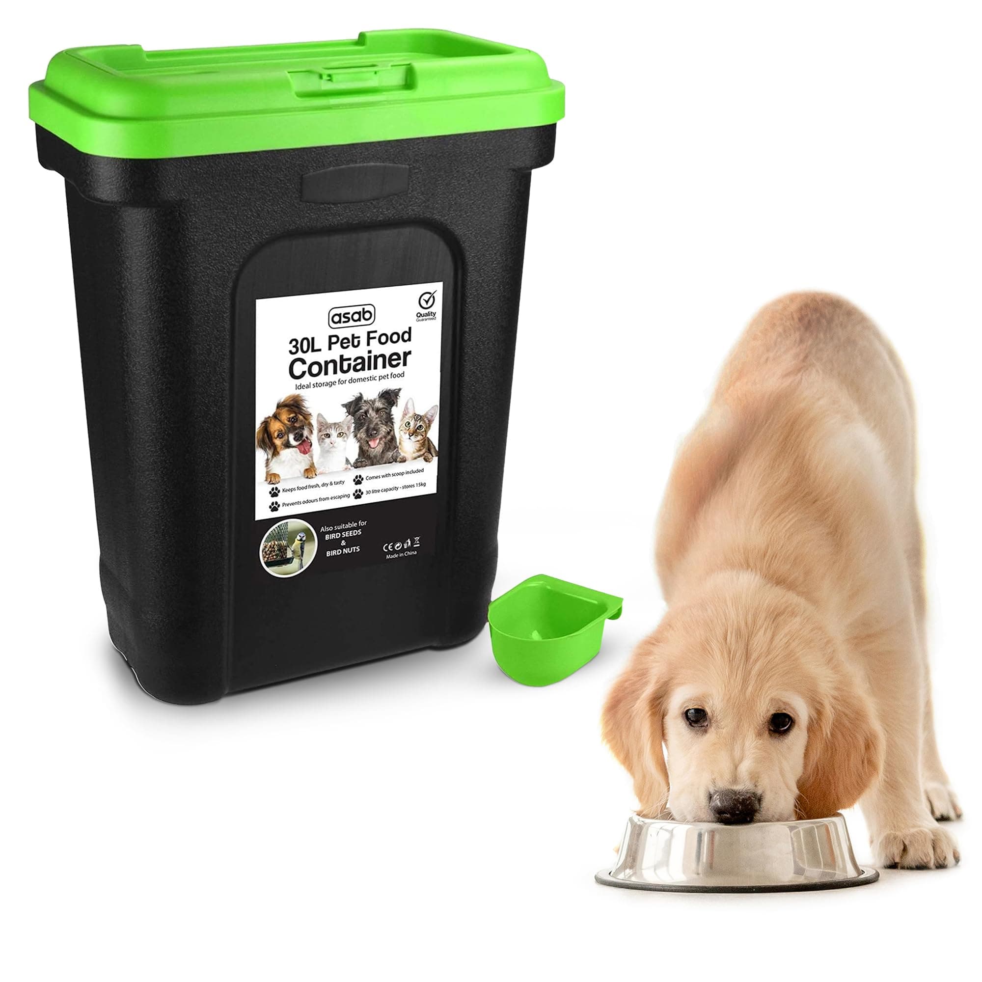 Pet Food Storage Container Large 30L/15kg Plastic Food Storage Container With Integrated Food Scoop and Flip Top Locking System Perfect for Dog Treats Dog Food and Kitten Food (Green, Large)