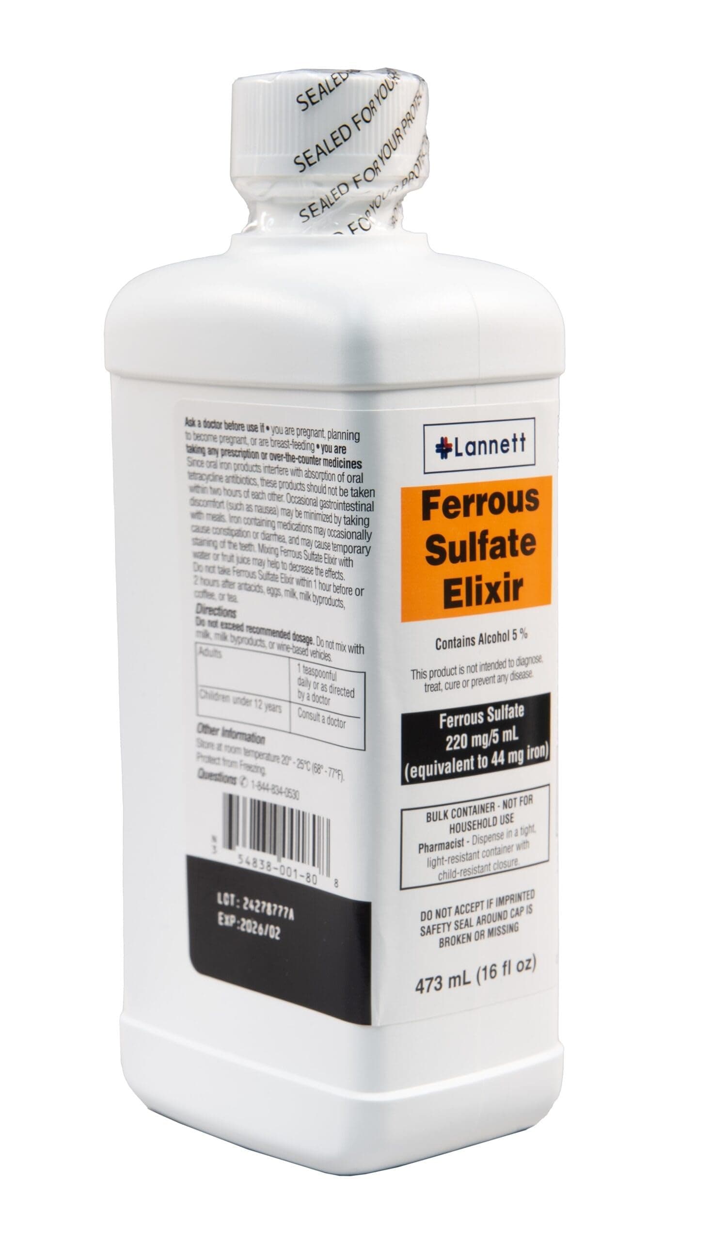 Lannett Ferrous Sulfate Elixir 220mg/5mL 16oz Bottle - 4 Pack by Silarx