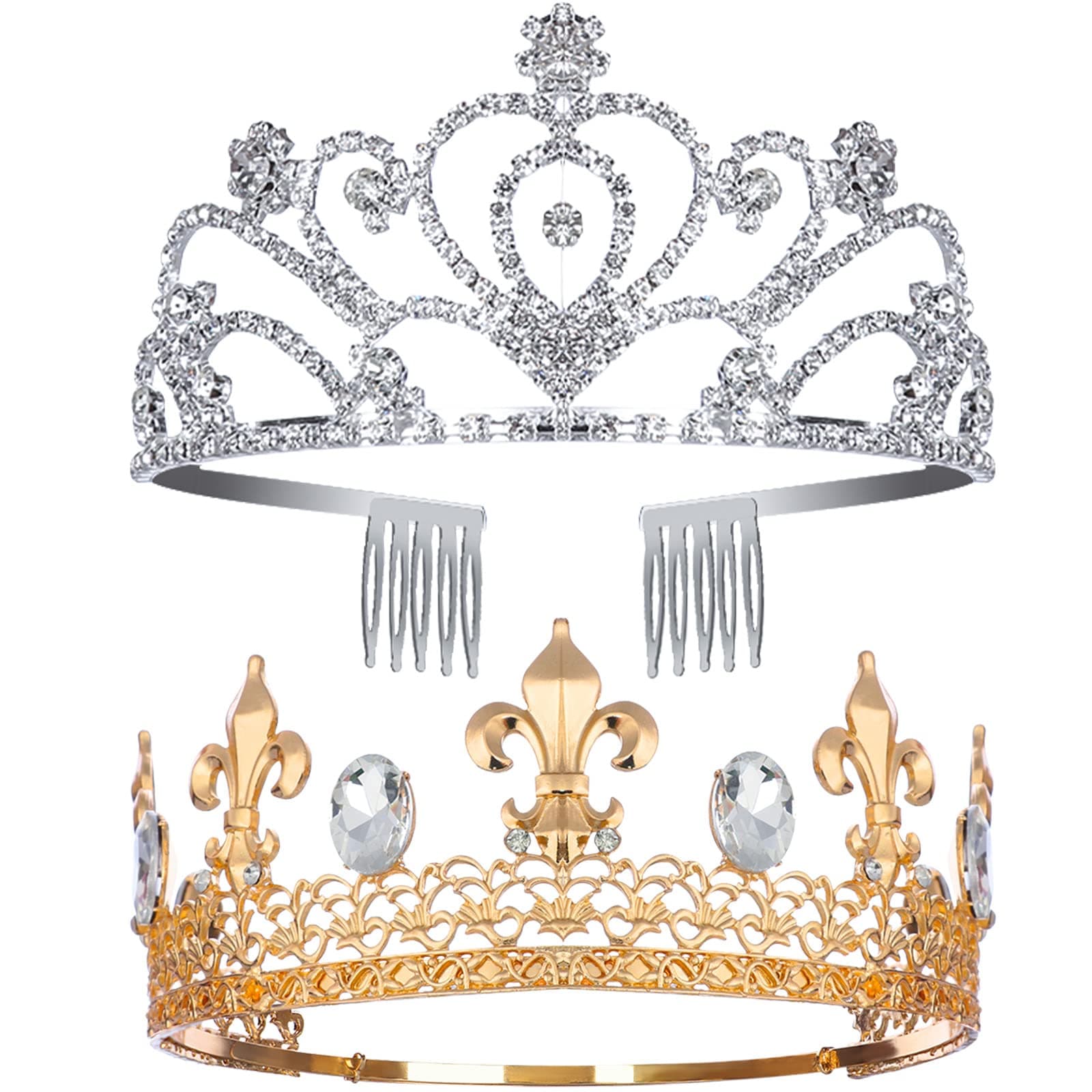 2 Pieces Crystal Tiara Crowns Gold Silver Crown for Men and Women Royal King Crown Princess Crown with Combs Bridal Crown Hair Accessories for Birthday Wedding Party