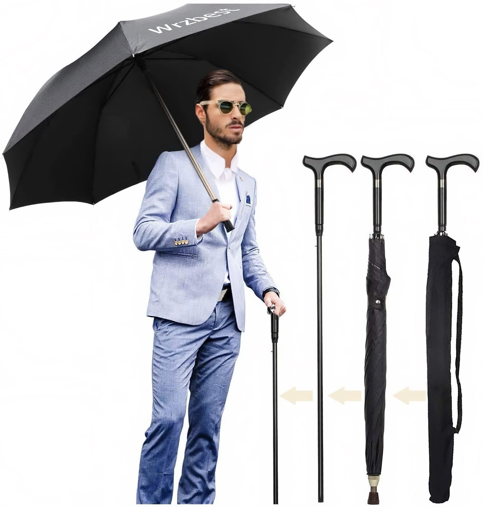 2-in-1 Walking Sticks Umbrella - Windbreak Ribs Walking Cane Crutch Self Protection Umbrella Heavy Duty Solid Tungsten Steel - Ideal Father's Gift for Climbing, Hiking, Hanging Out on Raining