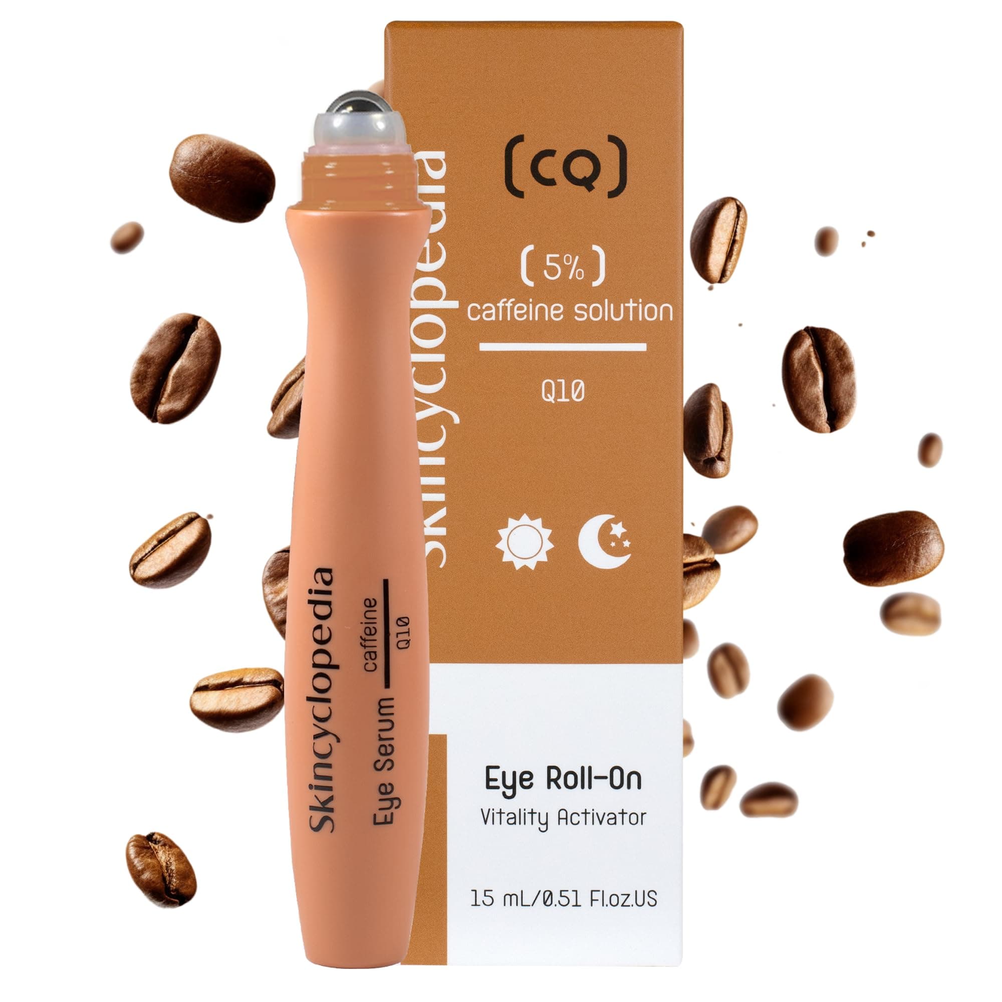 Caffeine Eye Roll-On Cooling with Q10 and Hyaluronic Acid, Eye Serum Against Dark Circles and Eye Bags, Anti-Ageing Eye Roller, Caffeine Skincare, Eye Care, 15 ml