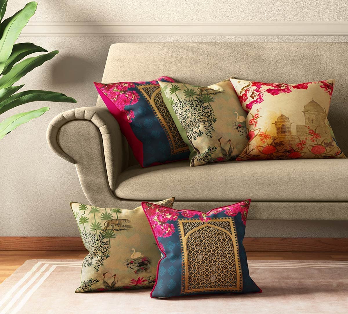 India Circus by Krsnaa Mehta Royal Court Multicolor Satin Blend Cushion Pillow Covers Set of 5 (16 X 16 Inches), 110 TC