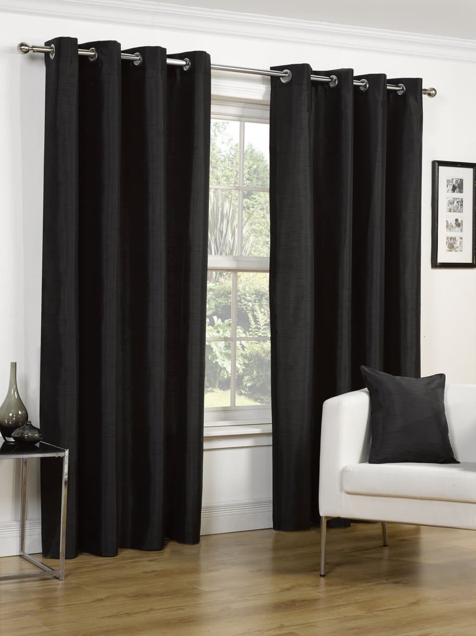 Faux Silk Slubbed Black Eyelet Fully Lined Readymade Curtain Pair 65x72in(165x182cm) Approximately By Hamilton McBride