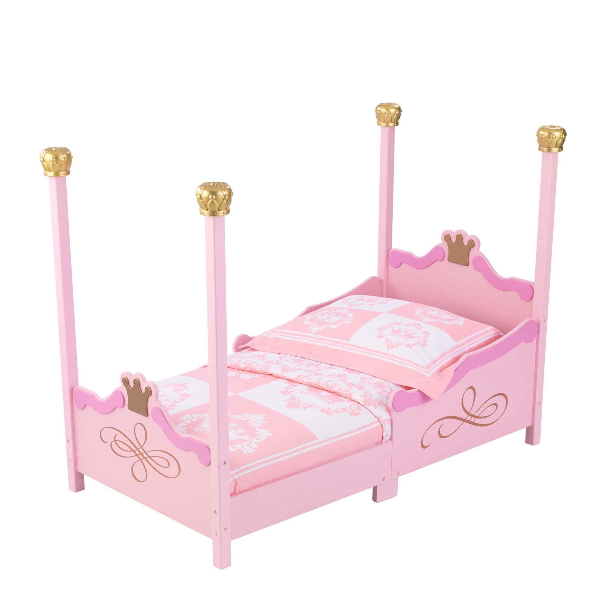 KidKraft Wooden Princess Toddler Four-Poster Bed with Crown Accents, Children's Furniture - Pink, Gift for Ages 15 mo+