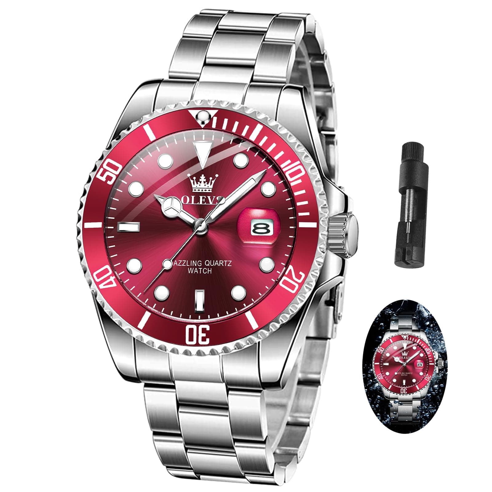 Men Watch,Big Dial Watches for Men Stainless Steel Watch with Day Waterproof Analog Quartz Watches for Man Classic Business Wristwatch Luxury Luminous Round for Men Rotatable Bezel Watch