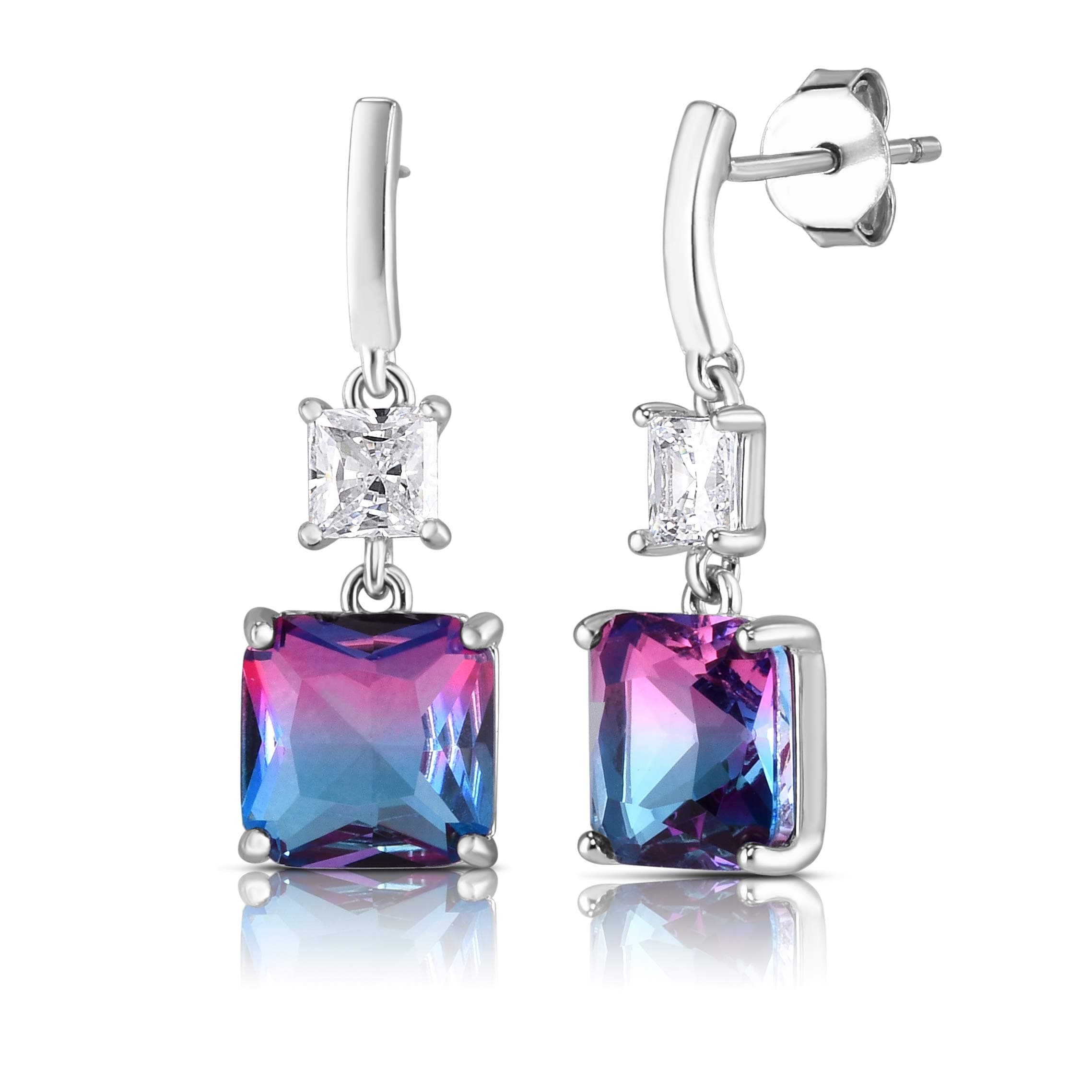 925 Solid Sterling Silver Princess Cut Cubic Zirconia and Cushion Cut Simulated-Gem Drop Dangling Designer Pierced Post Earrings. (Simulated-Pink-Tourmaline)