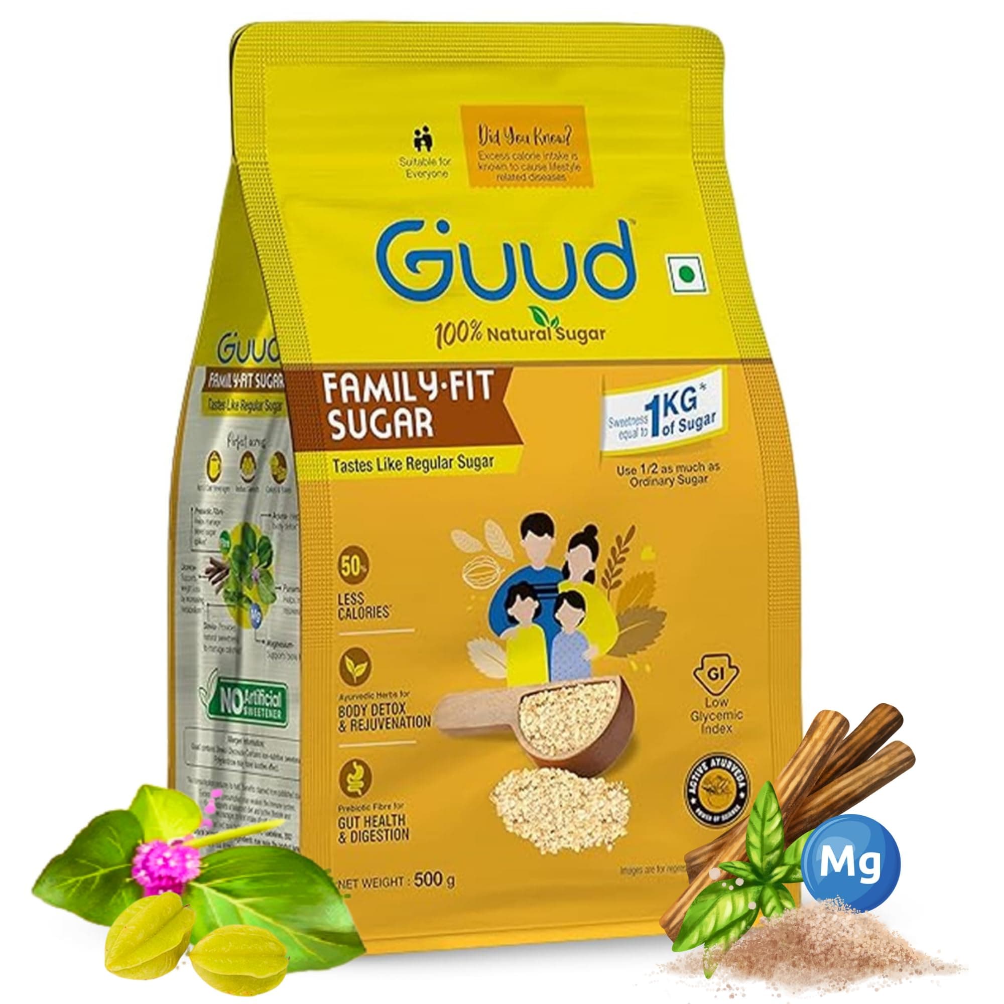 GUUD - Family Fit Healthy 500 grams | ½ use for same sweetness | 50% Less Calories than Regular | Low Glycemic Index | 100% Natural | Enriched with Herbs
