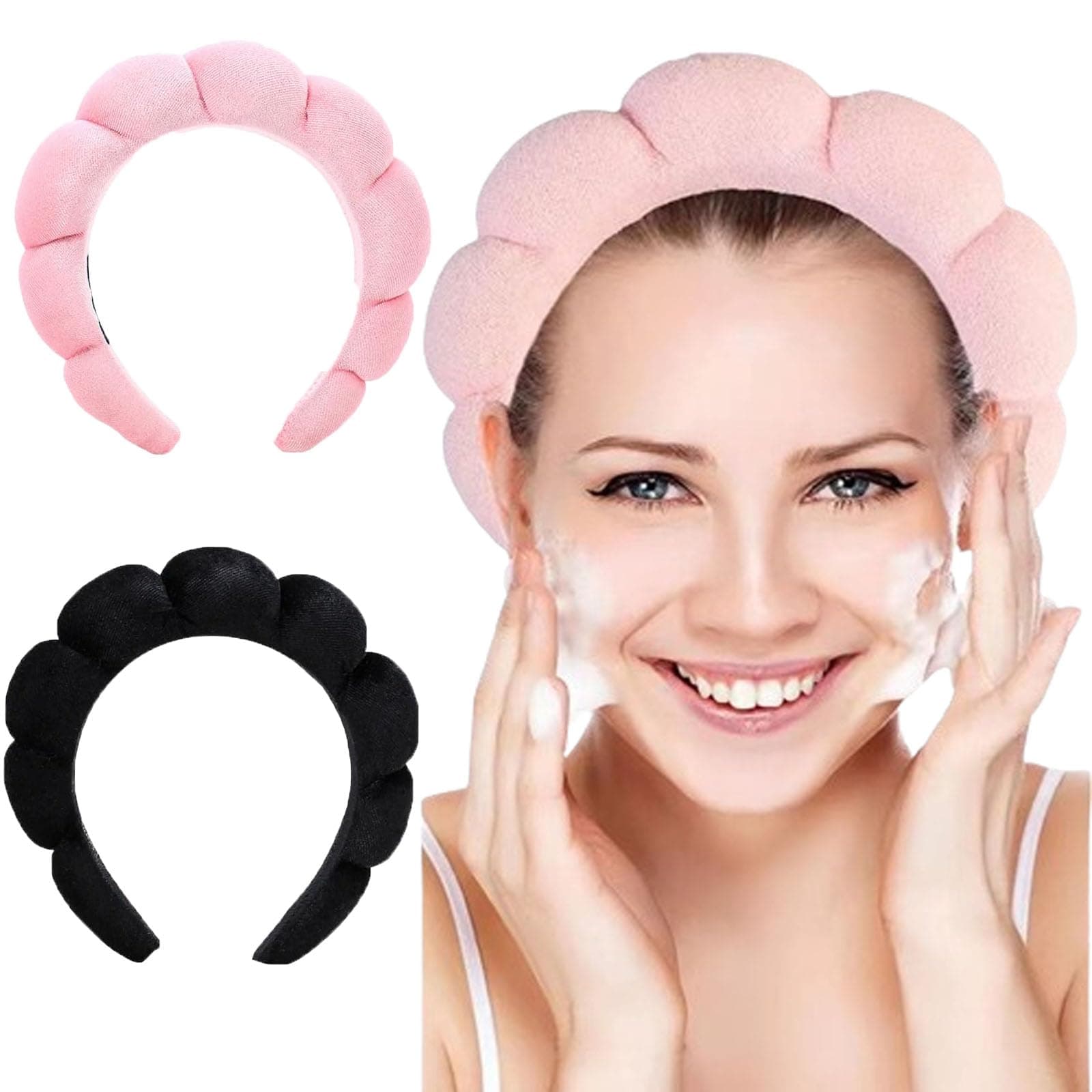JCKD 2-Piece Hydrotherapy Headband, Makeup Headband, Soft Sponge Skin Care Headband, Used for SPA, Face Washing, Makeup, Shower, Skin Care, Makeup Removal, Yoga (Black/Pink)