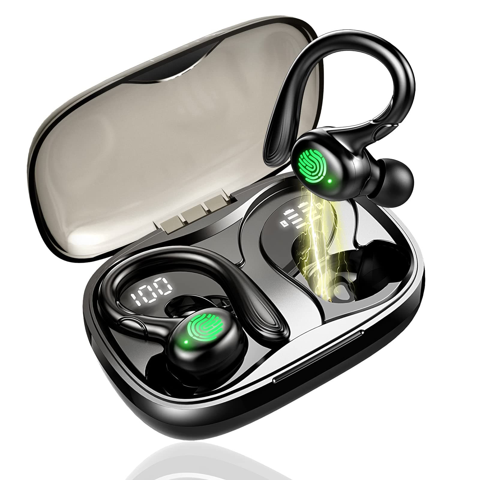 GCBIG Bluetooth Headphones, Wireless Earbuds Bluetooth 5.1 HIFI Stereo 48H Playtime Touch Control Wireless Earphones IPX7 Waterproof Noise Cancelling Ear Buds with Ear Hooks Sports Running Headset