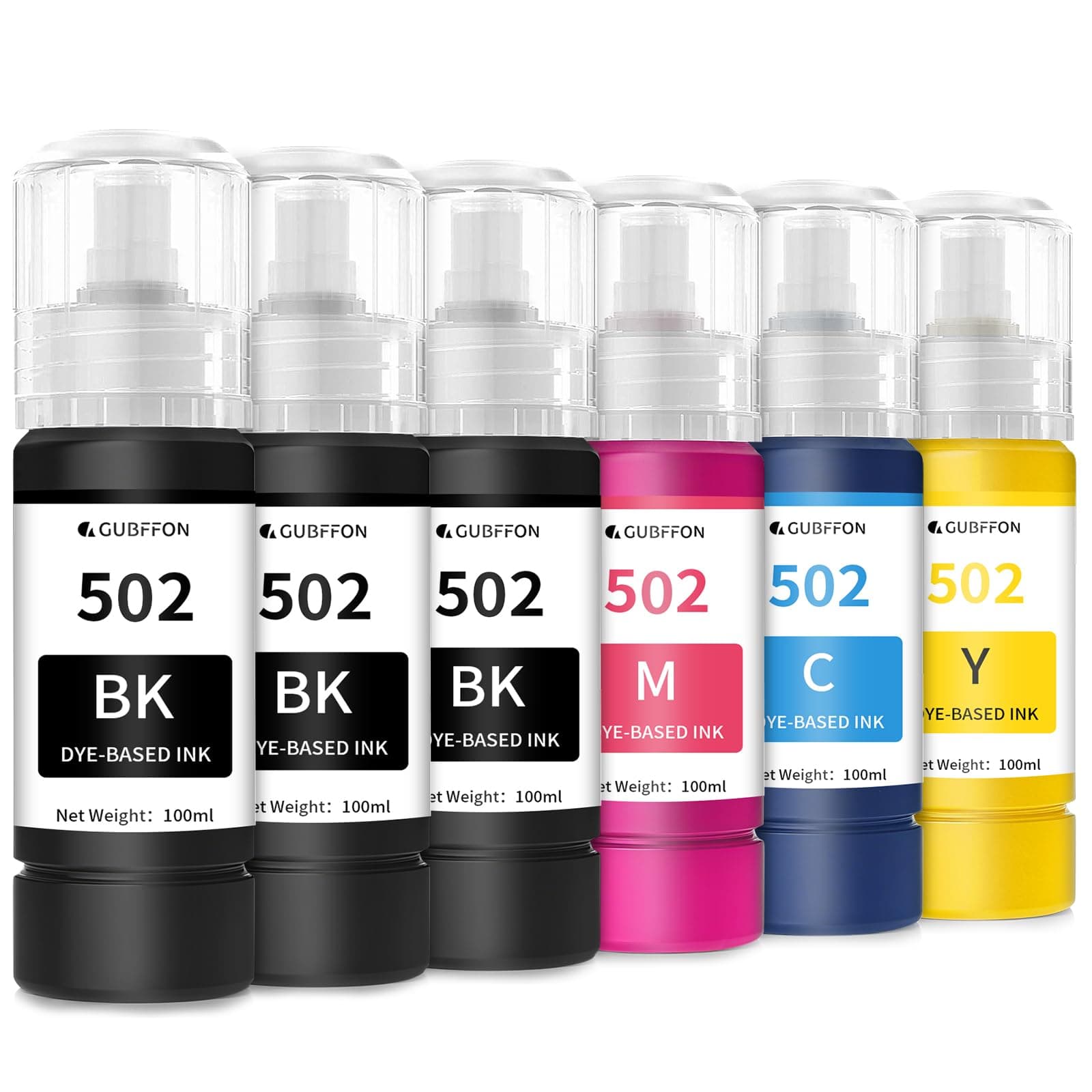 502 Ink 600ml for EcoTank ET-2850,ET-3850,ET-4850,ET-15000,ET-2980,ET-3843,ET-3760,ET-3830,T502 Refill Ink Bottle Replacement Liquid(100mlx6 3K,C,M,Y)(Not Sublimation Ink)