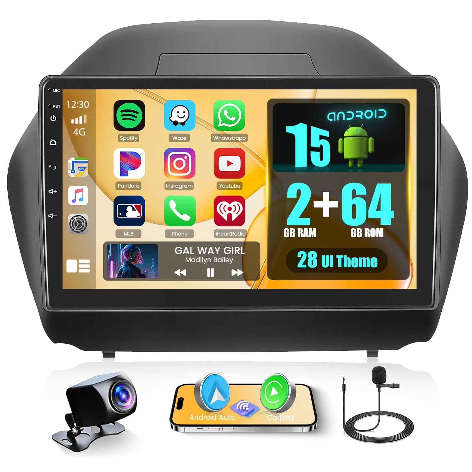 Hikity for Hyundai Tucson IX35 2010-2015 Android Car Stereo Radio 2+64GB 10.1 Inch Touchscreen Car Radio Wireless Carplay Android Auto Support GPS Navigation WiFi Bluetooth FM EQ Backup Camera