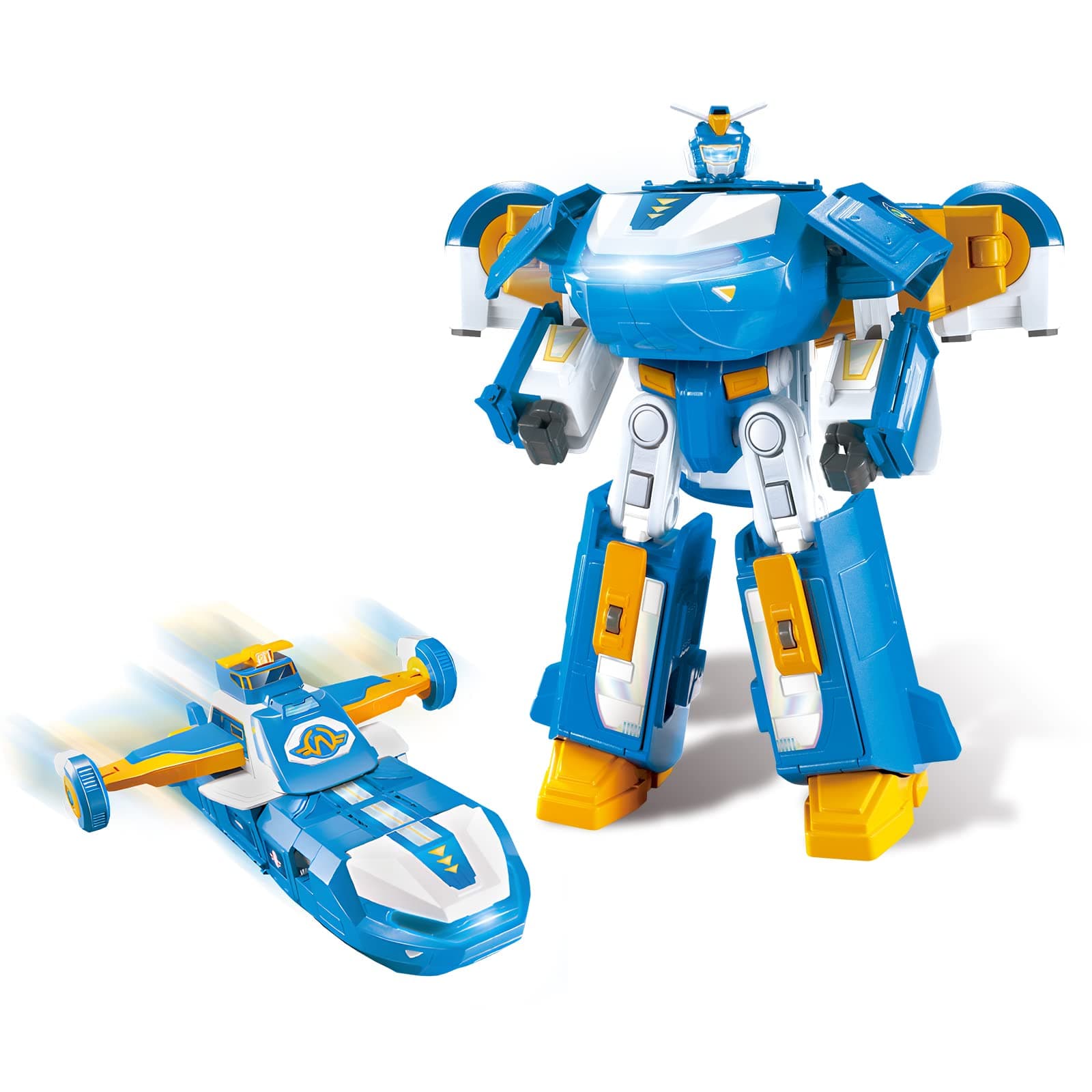 Super Wings 3-in-1 World Aircraft Transforming Robot with Light and Sound Effects, with a 2‘’ Transformable Robot Jett, Transformable Toy for Girls and Boys Aged 3 Years up, Blue