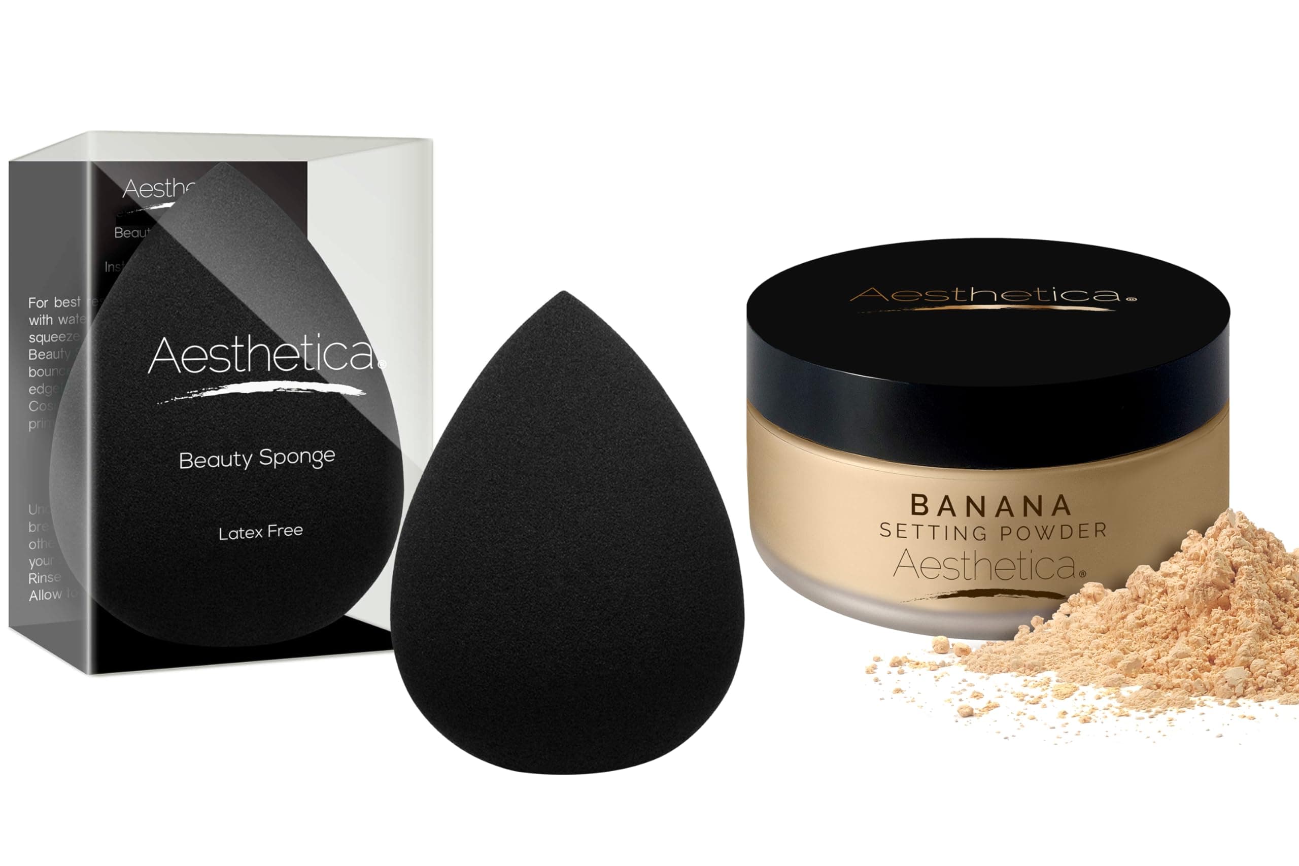 AestheticaCosmetics Beauty Sponge Blender - Latex Free and Vegan Makeup Sponge Blender + Banana Loose Setting Powder - Flash Friendly Superior Matte Finish Highlighter & Finishing Powder - Includes V
