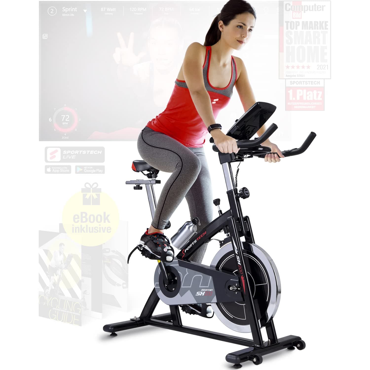 New Sportstech Indoor Exercise Bike SX200 - Quality German Brand- Video Events & Multiplayer App, 22KG Flywheel, pulse belt compatible-Speedbike with belt drive-Ergometer up to 125Kg
