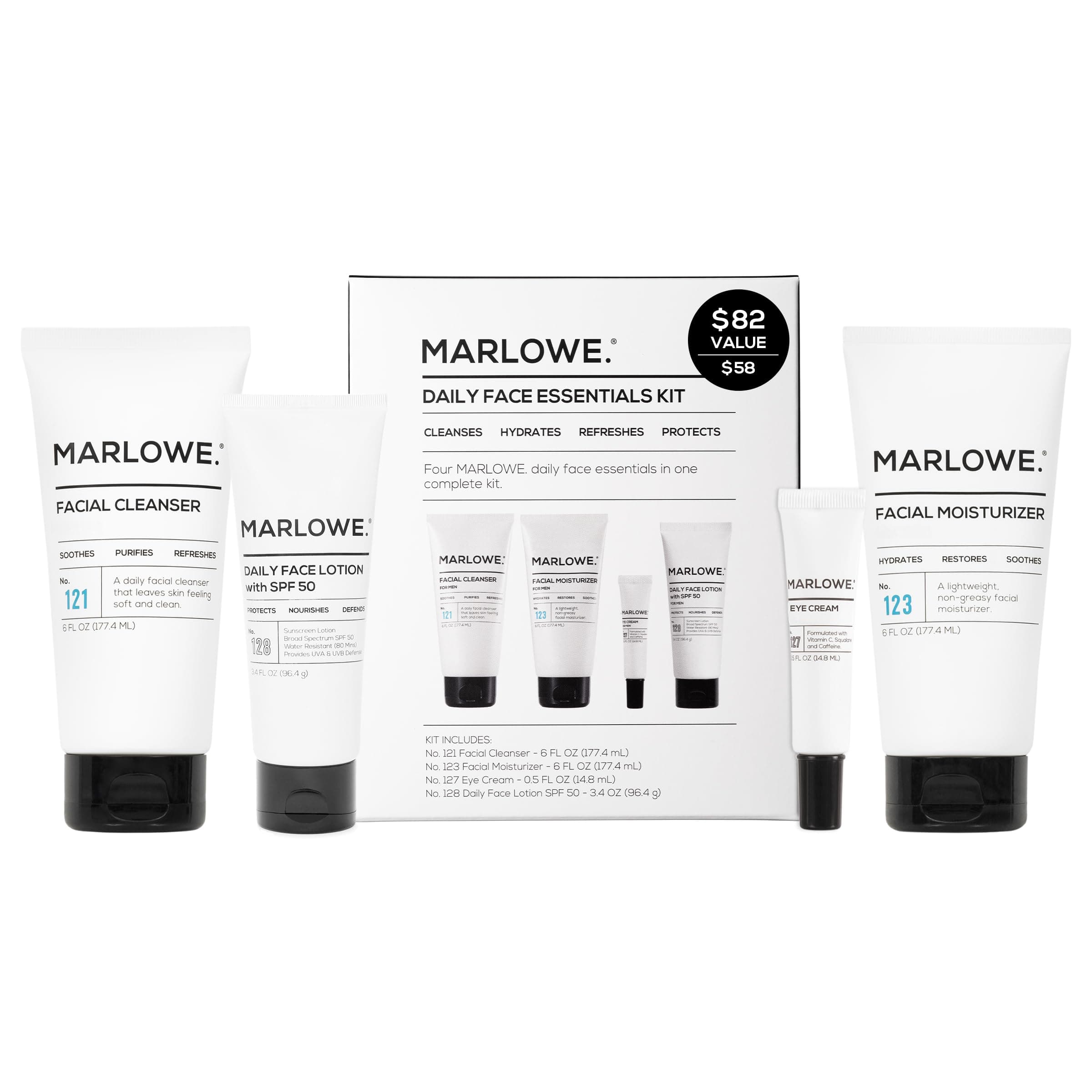 MARLOWE. Mens Skin Care Set, No. 204 Daily Essential Face Kit, No. 121 Facial Cleanser, No. 123 Facial Moisturizer, No. 127 Eye Cream, No. 128 Daily Face Lotion with SPF 50, Great Gift for Men