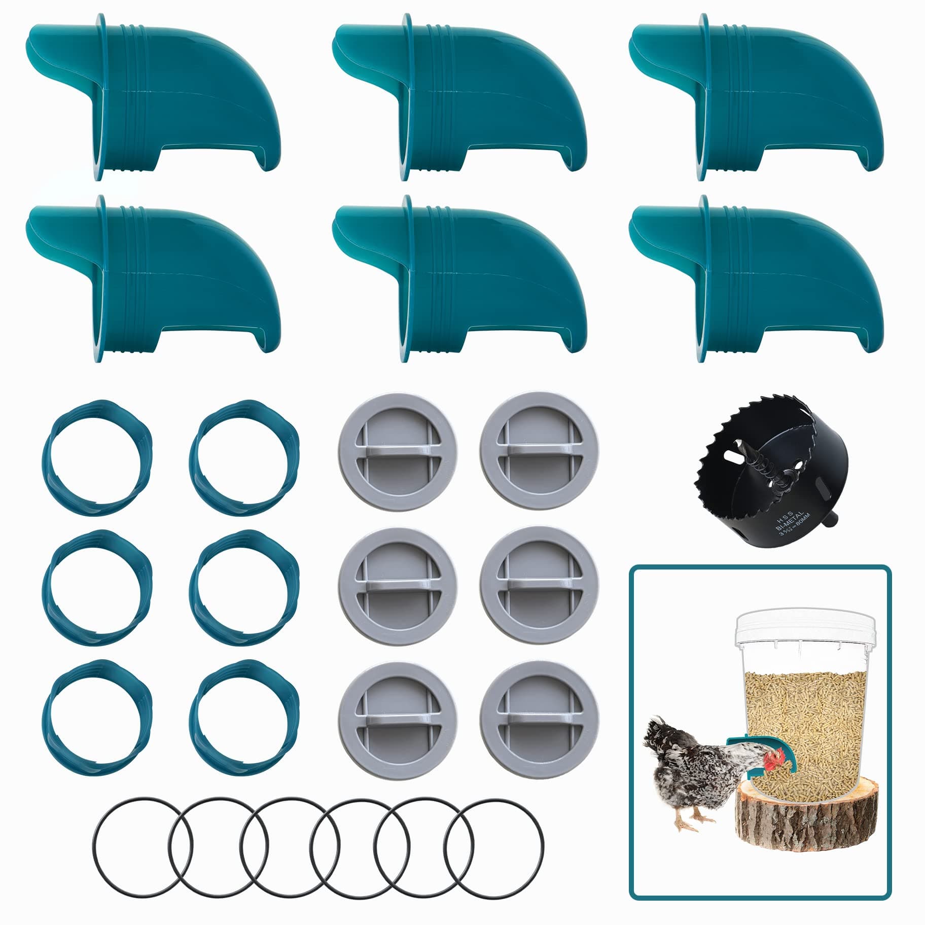 Chicken Feeders No Waste 6 Ports + Holesaw, Automatic Chicken Feeder, Rain Proof Poultry Feeder for Chickens, Duck, Geese, Birds, Quail