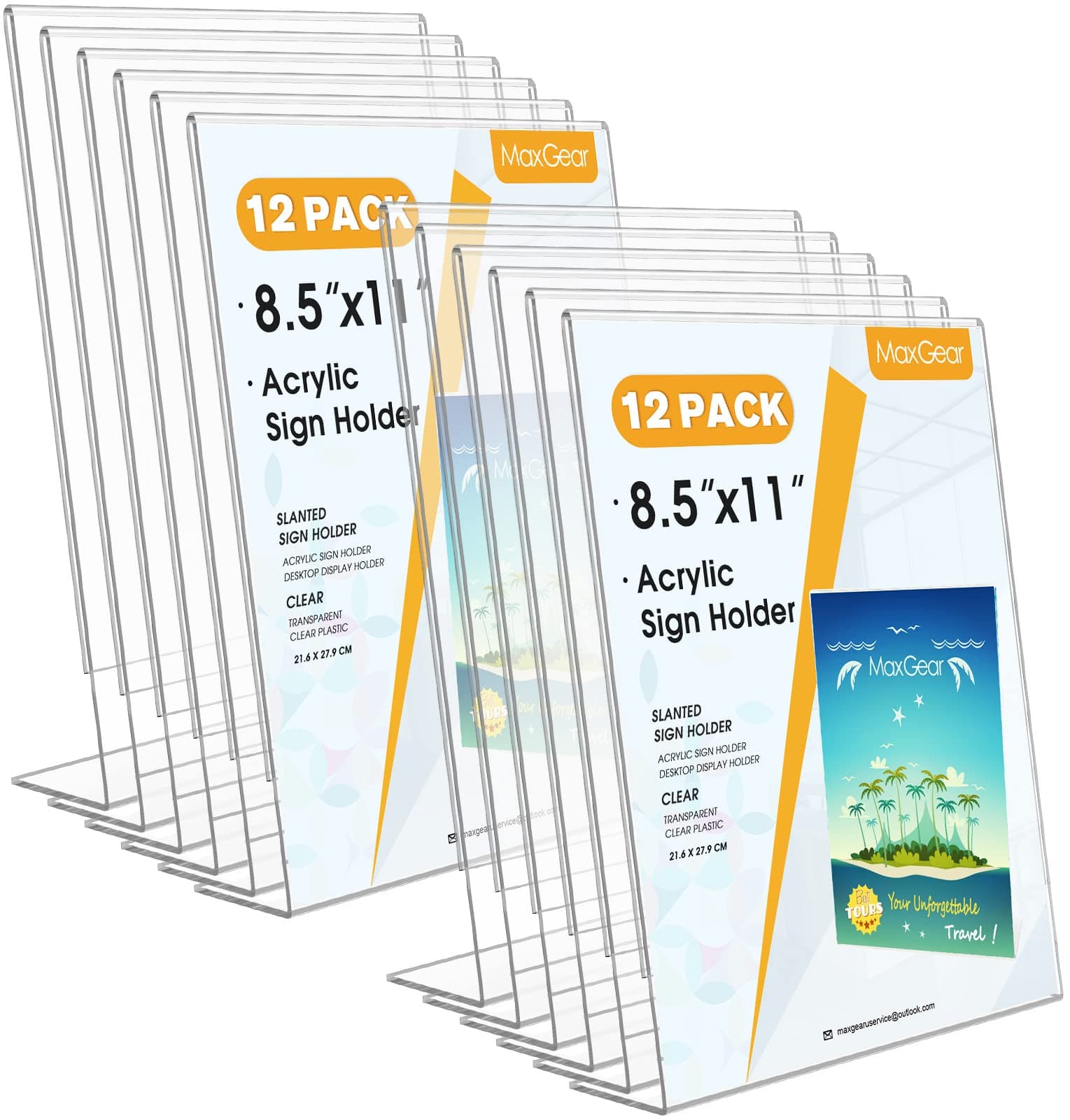 MaxGear Acrylic Sign Holder 8.5 x 11 Inches, Clear Sign Holders Plastic Display Stand Slant Back Countertop Display Picture Frames for Menus, Flyer, Use In Office, Store, 12 Pack