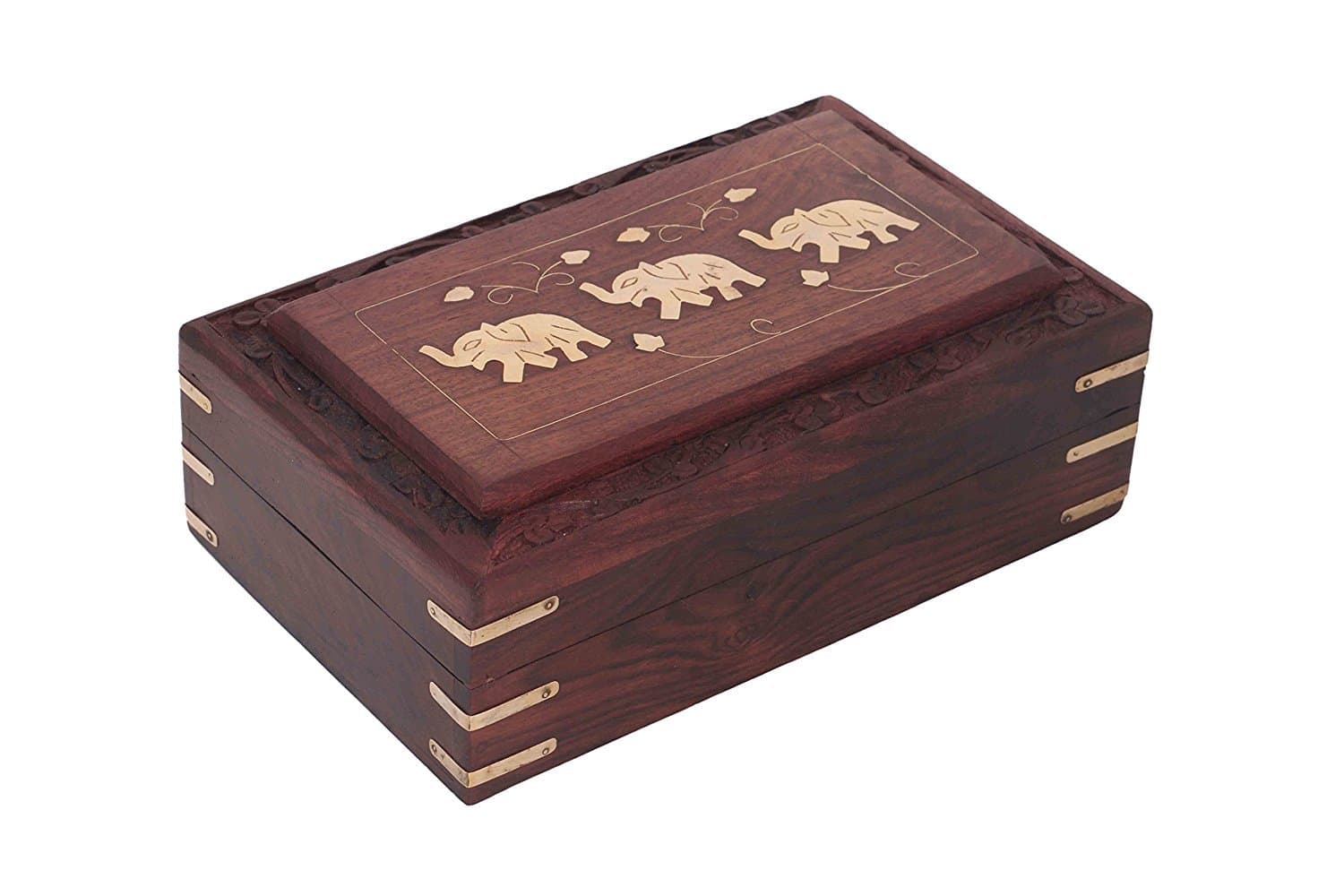 IndiaBigShop Handmade Wooden Jewelry Box With a Tripple Elephant Inlay Work Organizer Box Storage Box Vintage Box Keepsake Box Brown Color Size 8 X 5 Inch