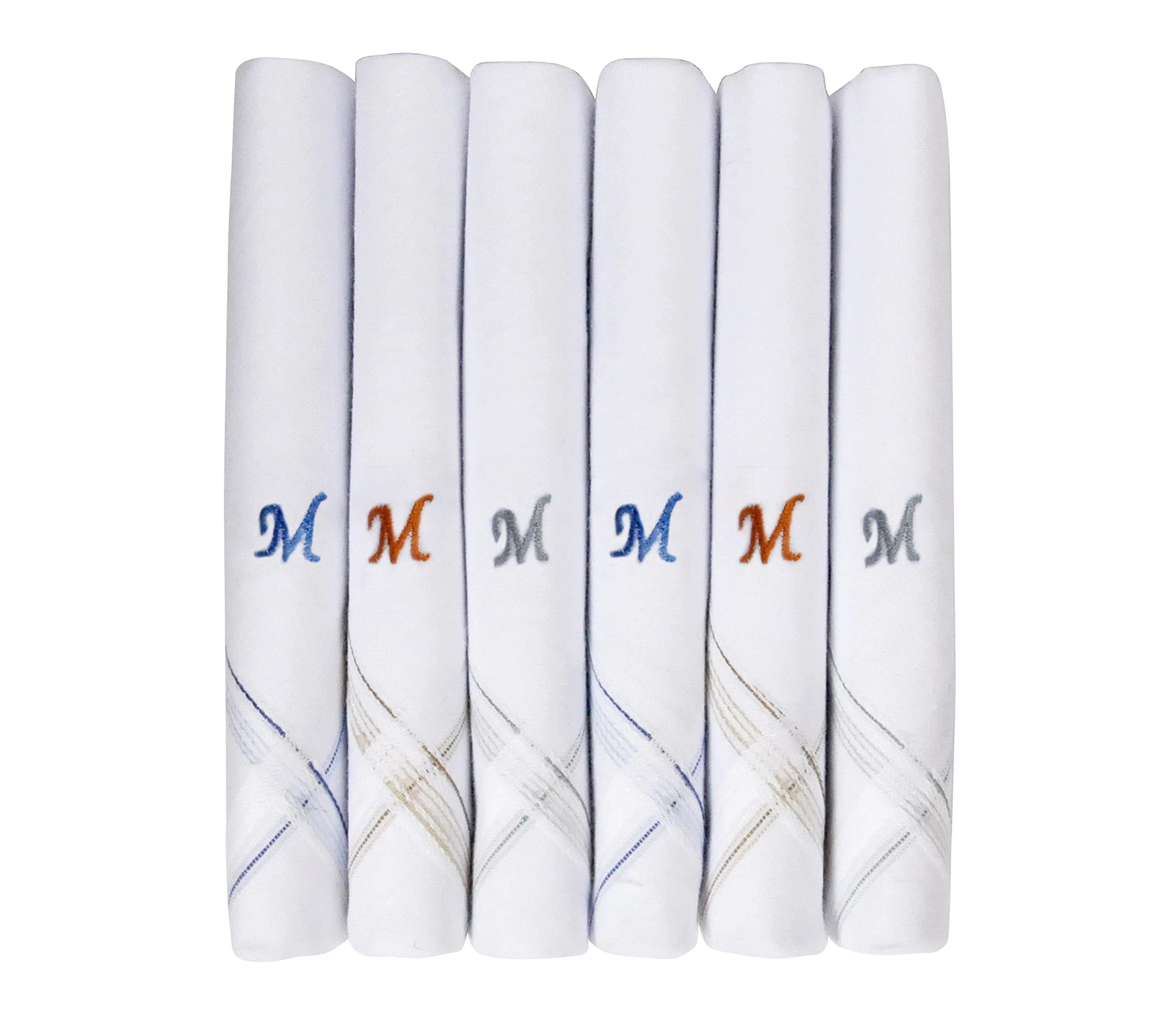 Men's Initial Monogram (A-Z) Embroidery 100% Pure Cotton Handkerchief White Base With Colored Border - Pack Of 6