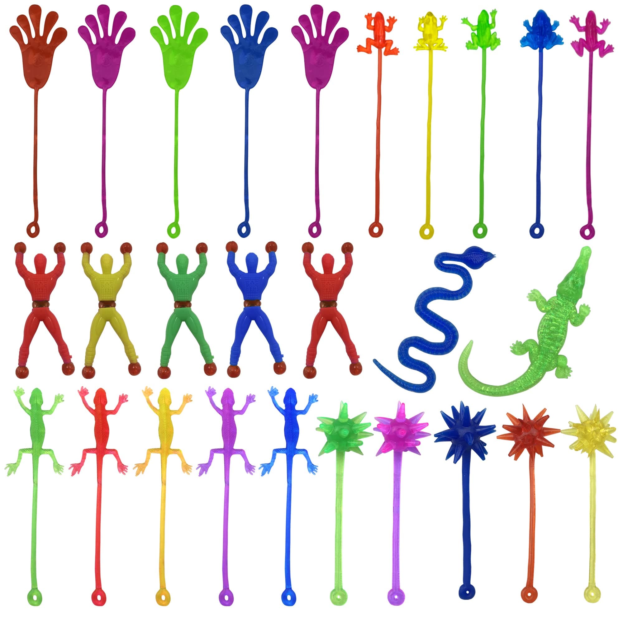 27PCS Multi-color and Multi-style Stretchy Sticky Toys Including Mini Stretchy Hands Wall Climbers Men Hammers Lizards Snake Crocodile and Skeletons for Kids Party Favors