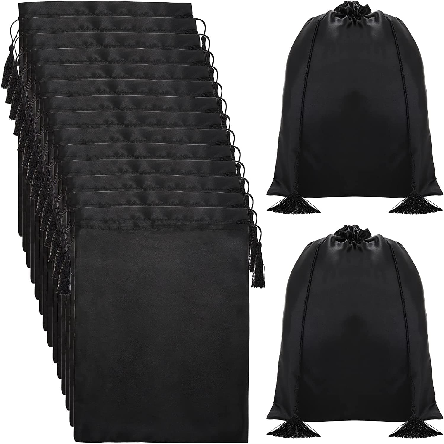 16 Pcs Silk Satin Wig Bags, 30 x 40 cm, Black, Solid, Drawstring Tassel, Unisex, Salon, Travel