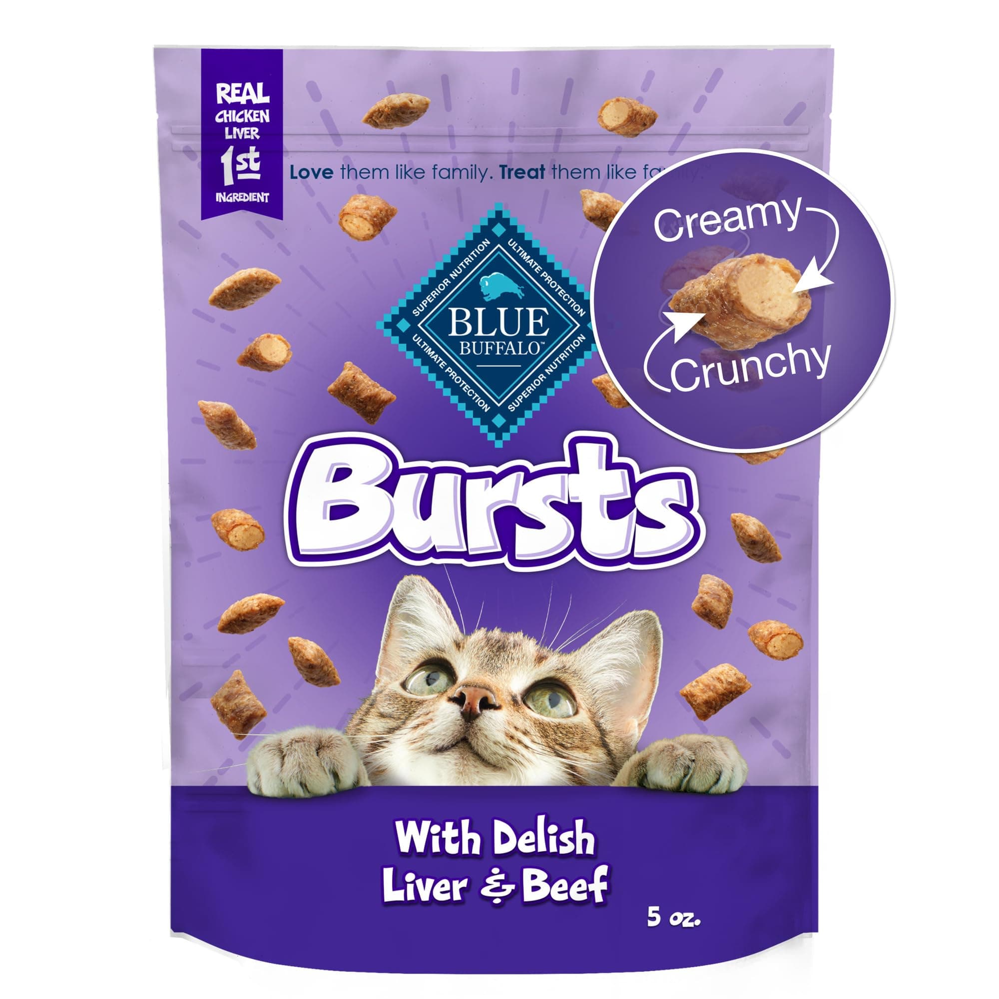 Blue Buffalo Bursts Crunchy & Creamy Cat Treats, Great for Training, Delish Liver & Beef, 5-oz Bag