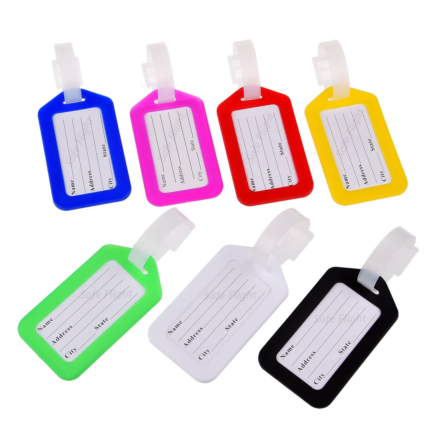 Set of Luggage Tags with Address Cards by Safe Flight - 7 Different Colors - Perfect to Quickly Spot Your Luggage - Adjustable Strap - Durable and Strong - Makes Traveling Easier, Safer and Secure
