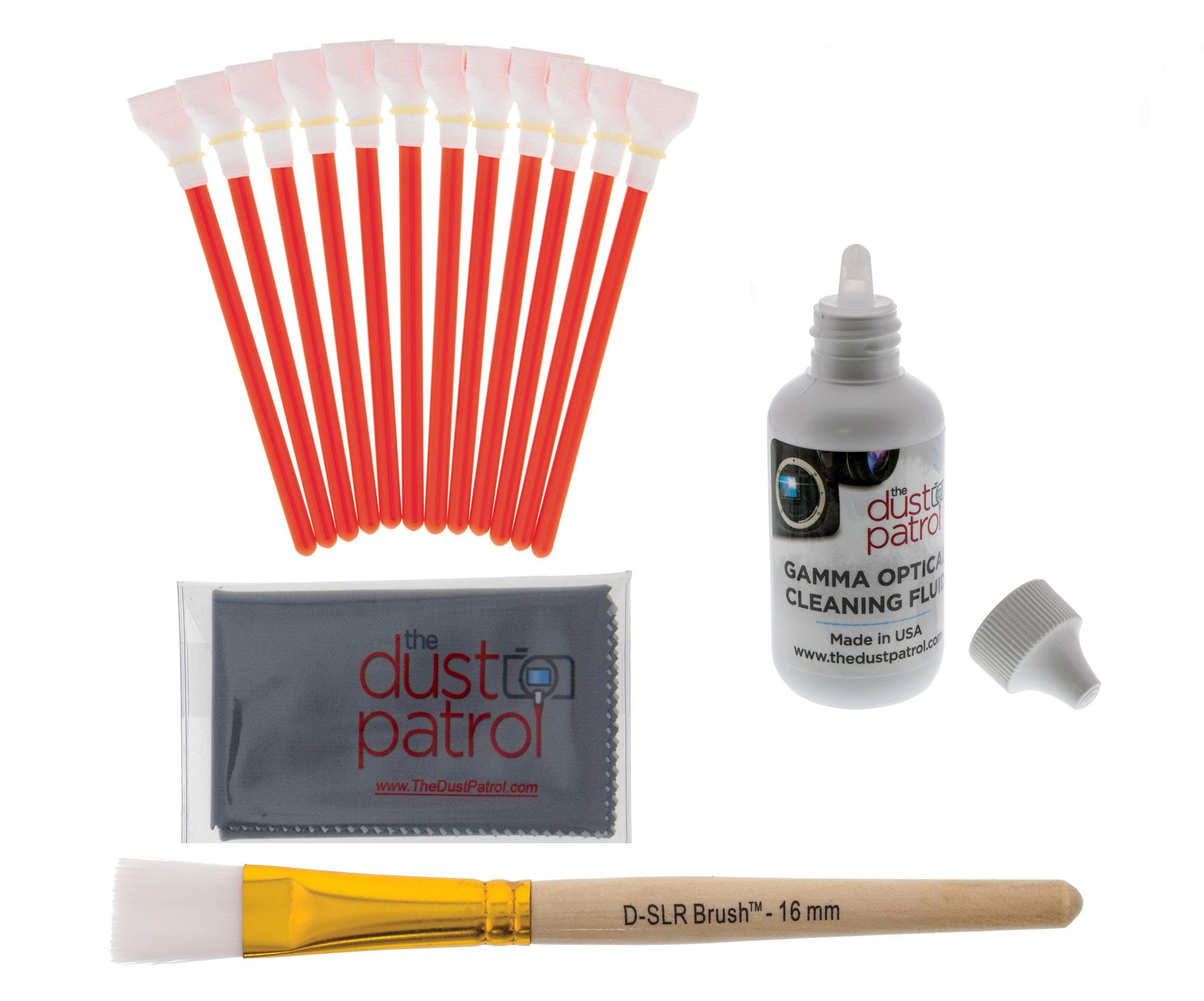 Digital camera cleaning kit with the dust patrol sensor swabs, alpha and the dust patrol gamma sensor cleaner, the kit also includes the dust patrol D-SLR brush, for photo enthusiasts